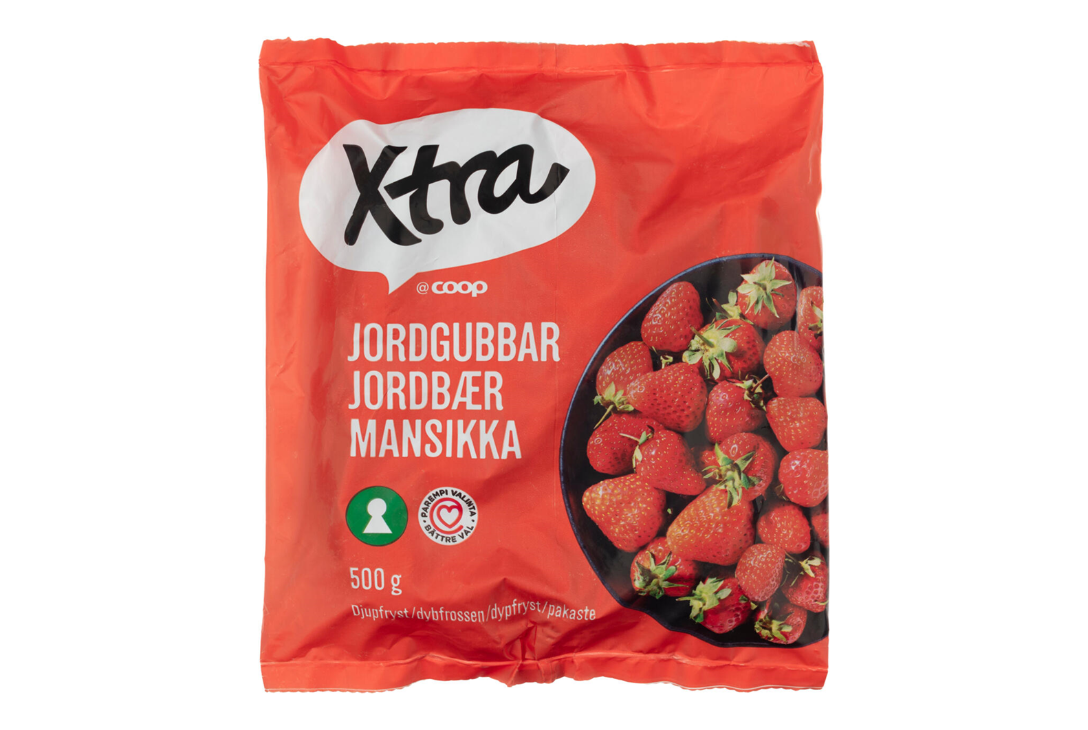 Kuva punaisesta Xtra pakastemansikkapakkauksesta