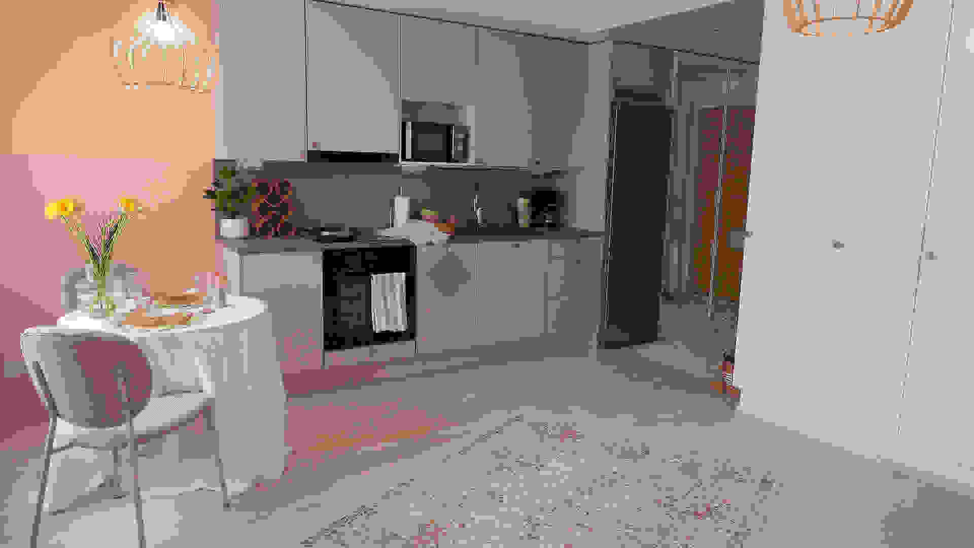 Kuva Salla Salmelan sisustamasta asunnosta, jonka sävymaailma on pastellinen. Asuntojen sisustus on toteutettu kokonaan House-tuotemerkin tuotteilla.