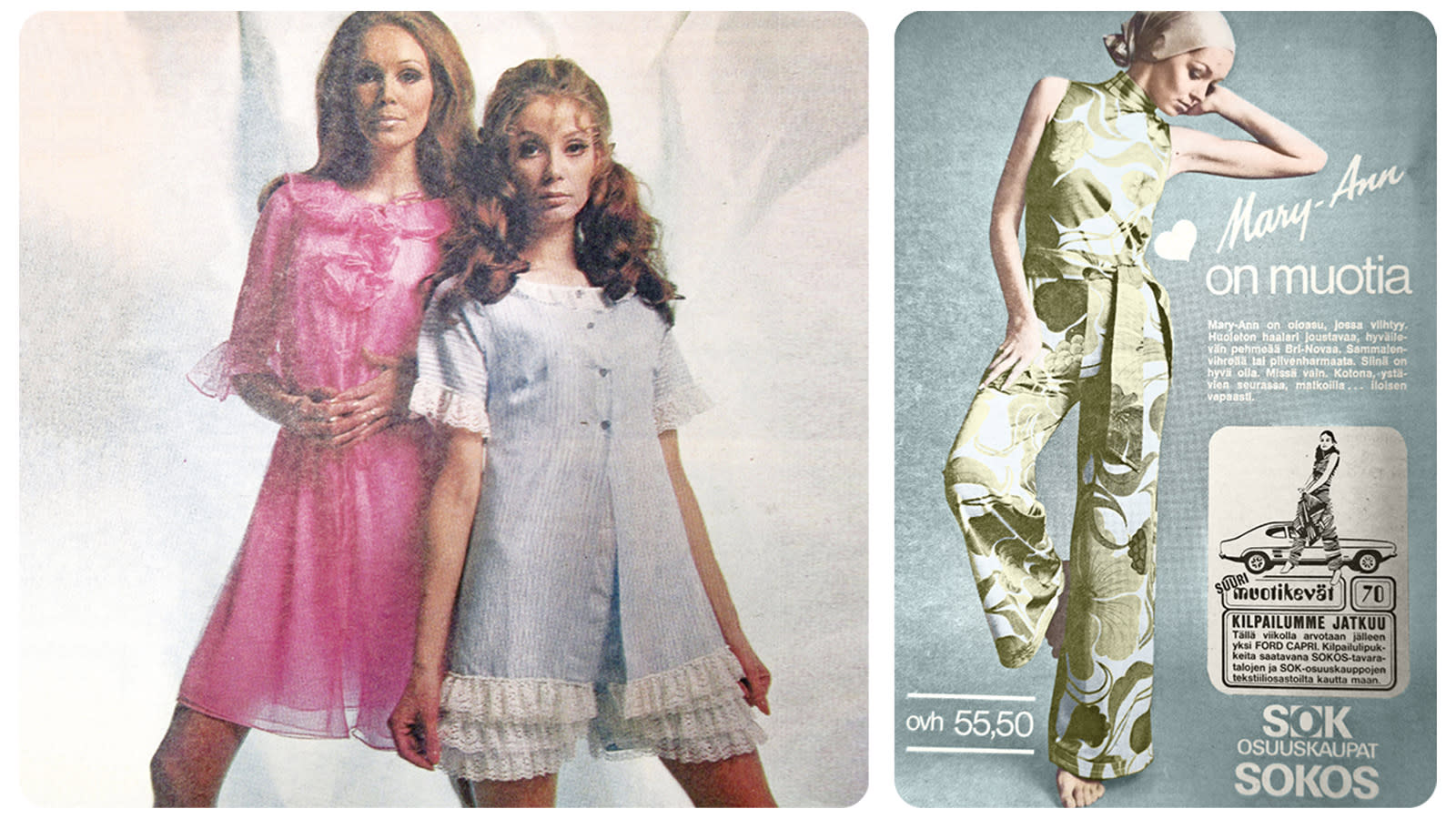 Kuvassa vuoden 1969 ja 1970 oloasumainoksia.