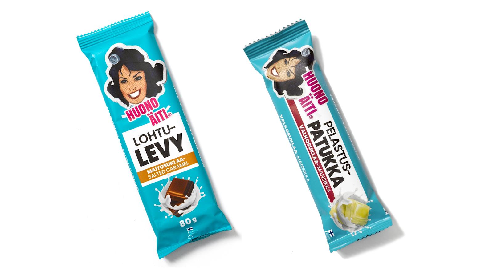 Mansikkavalkosuklaan makuinen Pelastuspatukka sekä salted caramel -maitosuklaan makuinen Lohtulevy on saatavilla Prismoista ja S-marketeista marraskuun alusta lähtien.