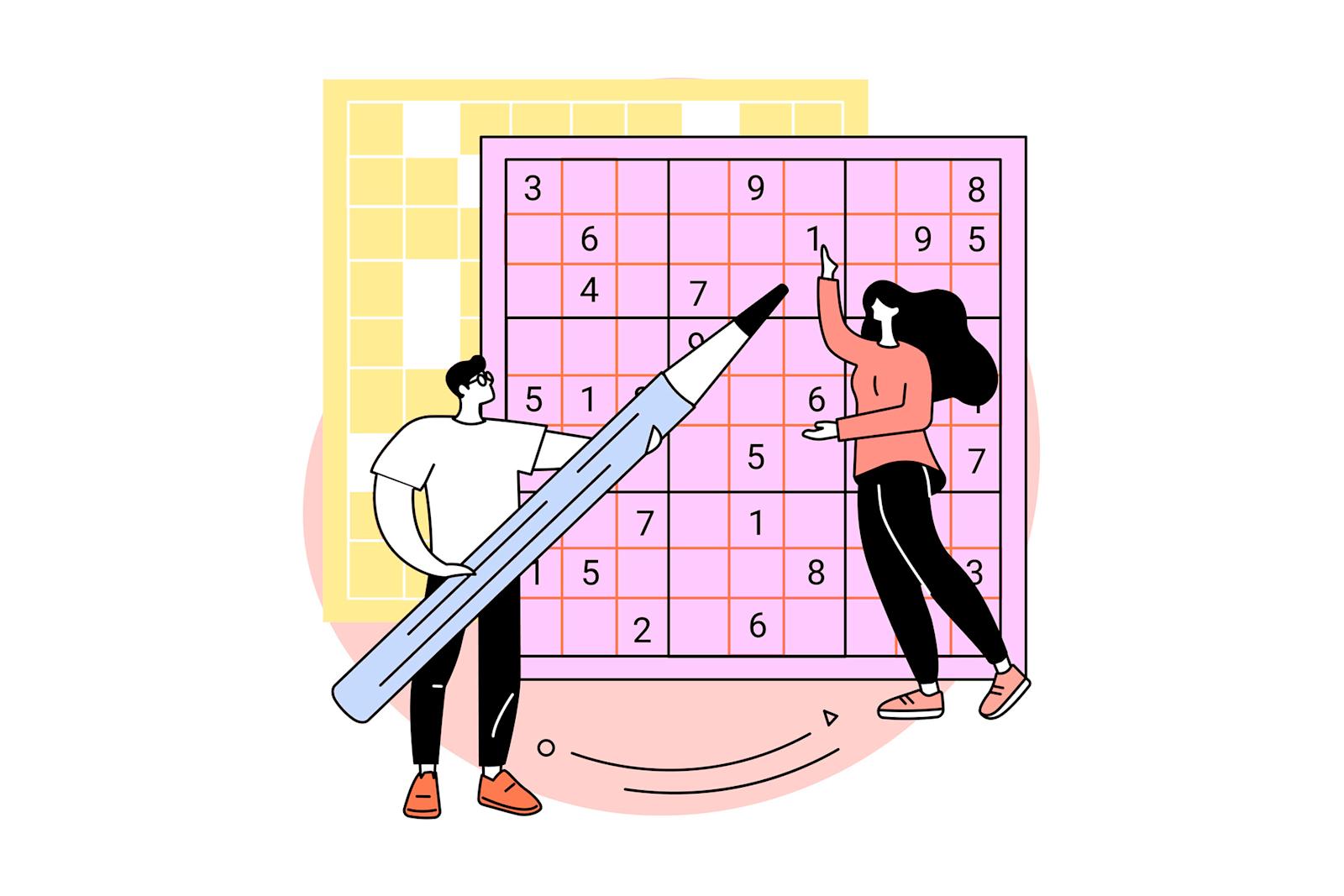 Piirroskuva, jossa mies ja nainen tekevät sudokua