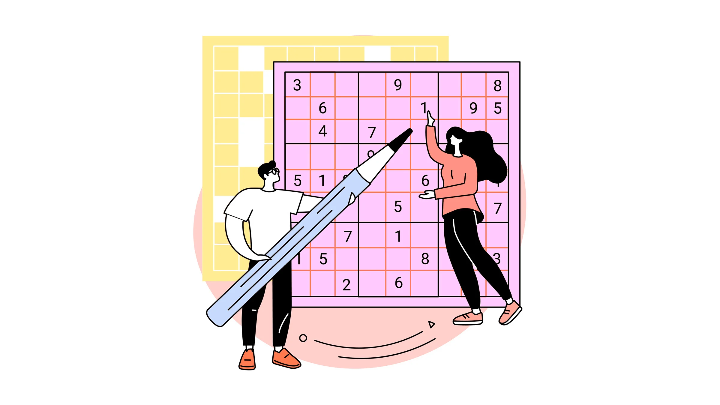 Piirroskuva, jossa mies ja nainen tekevät sudokua