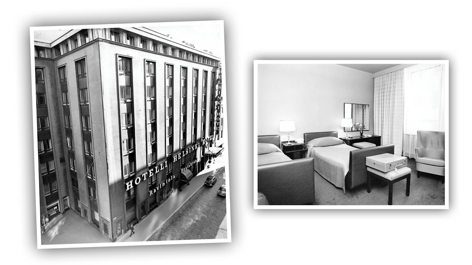 Hotelli Helsingin fasadi Vuorikadun ja nykyisin Yliopistonkatuna tunnetun Hallituskadun kulmassa. Hotelli Helsingin yökerho Helsinki Club avattiin uusittuna vuonna 1983. Kuvat: SOK arkisto