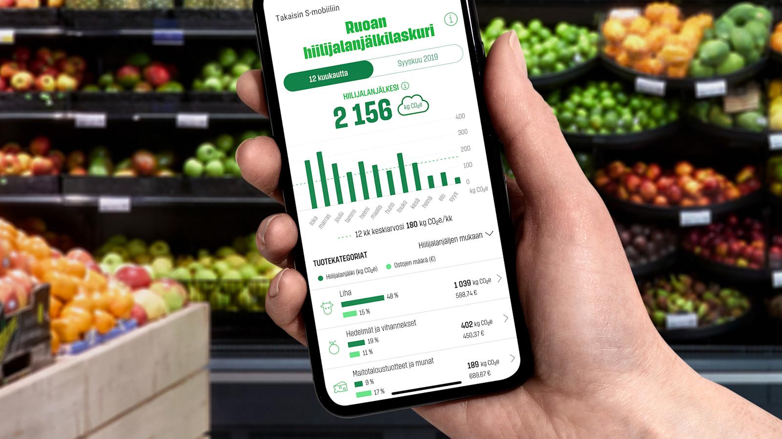 Omat ostot -palvelun hiilijalanjälkilaskurin avulla voi seurata oman ruokakorinsa hiilivaikutusta tuoteryhmätasolla. 