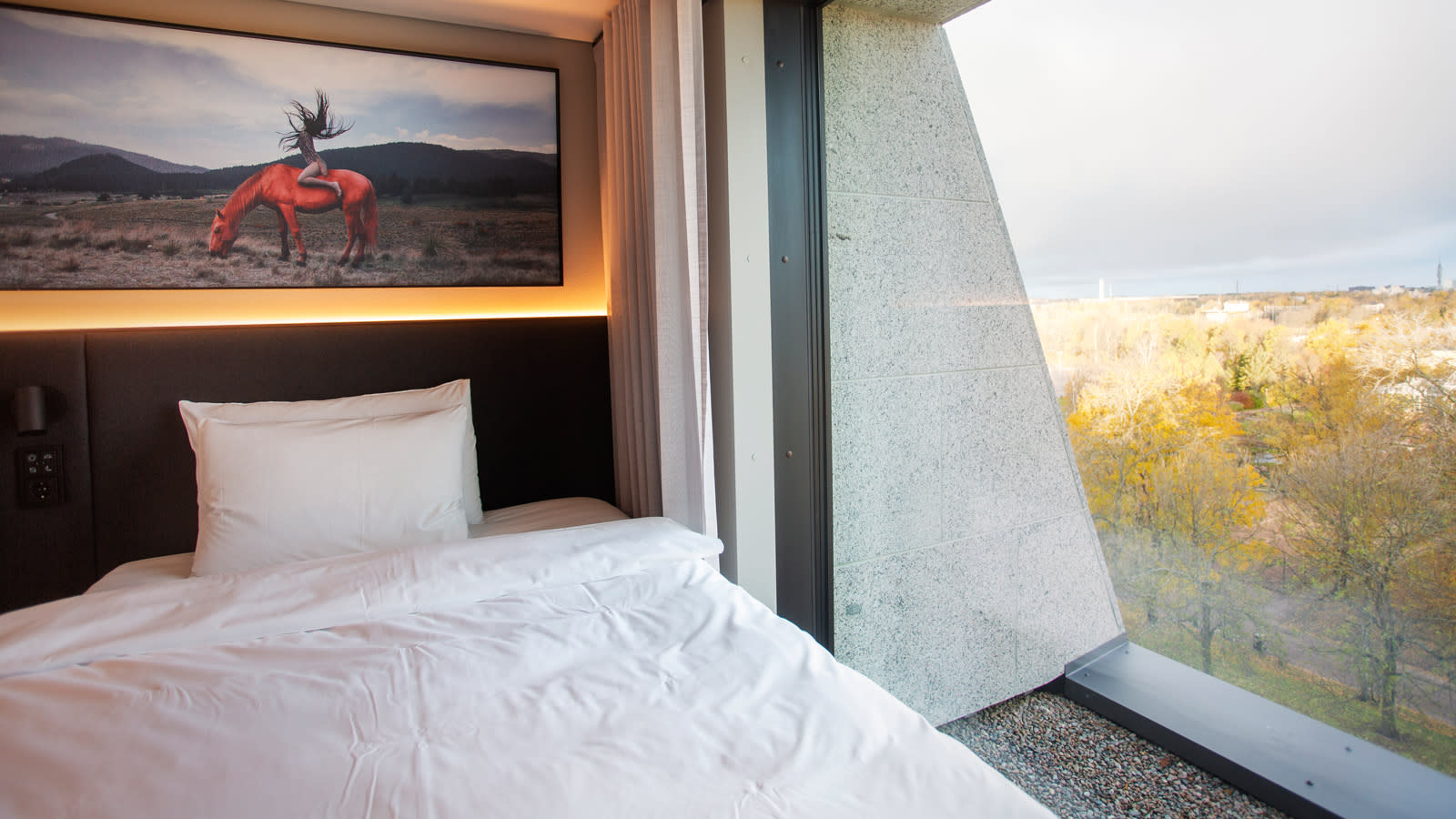 Radisson RED Helsingin huoneissa on isot ikkunat. Tästä huoneesta aukeaa näkymä Kaisaniemen puistoon.