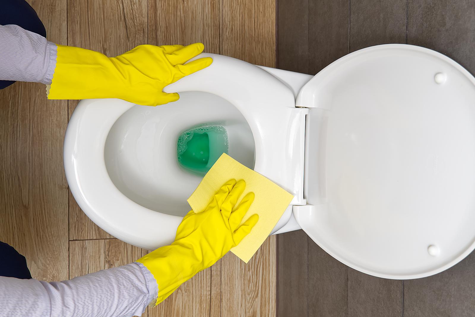 Ylhäältä päin kuvattu ihminen puhdistaa wc-pönttöä