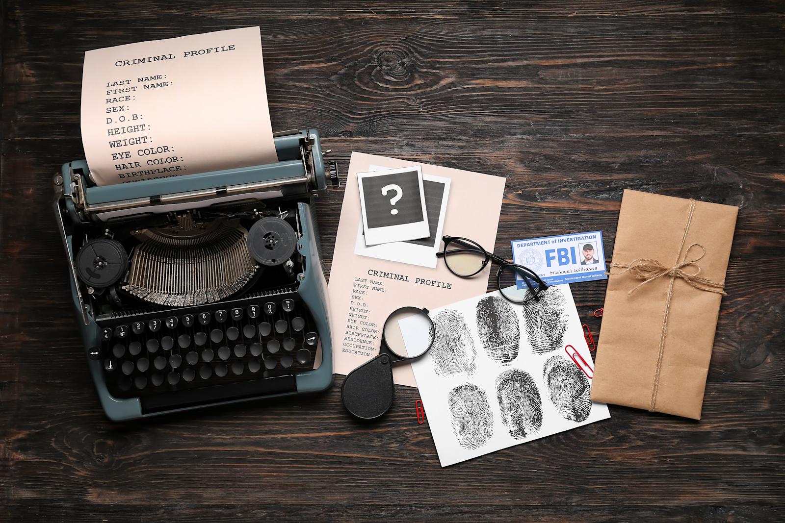 Kirjoituskone ja true crime -tutkintamateriaalia puisella pöydällä