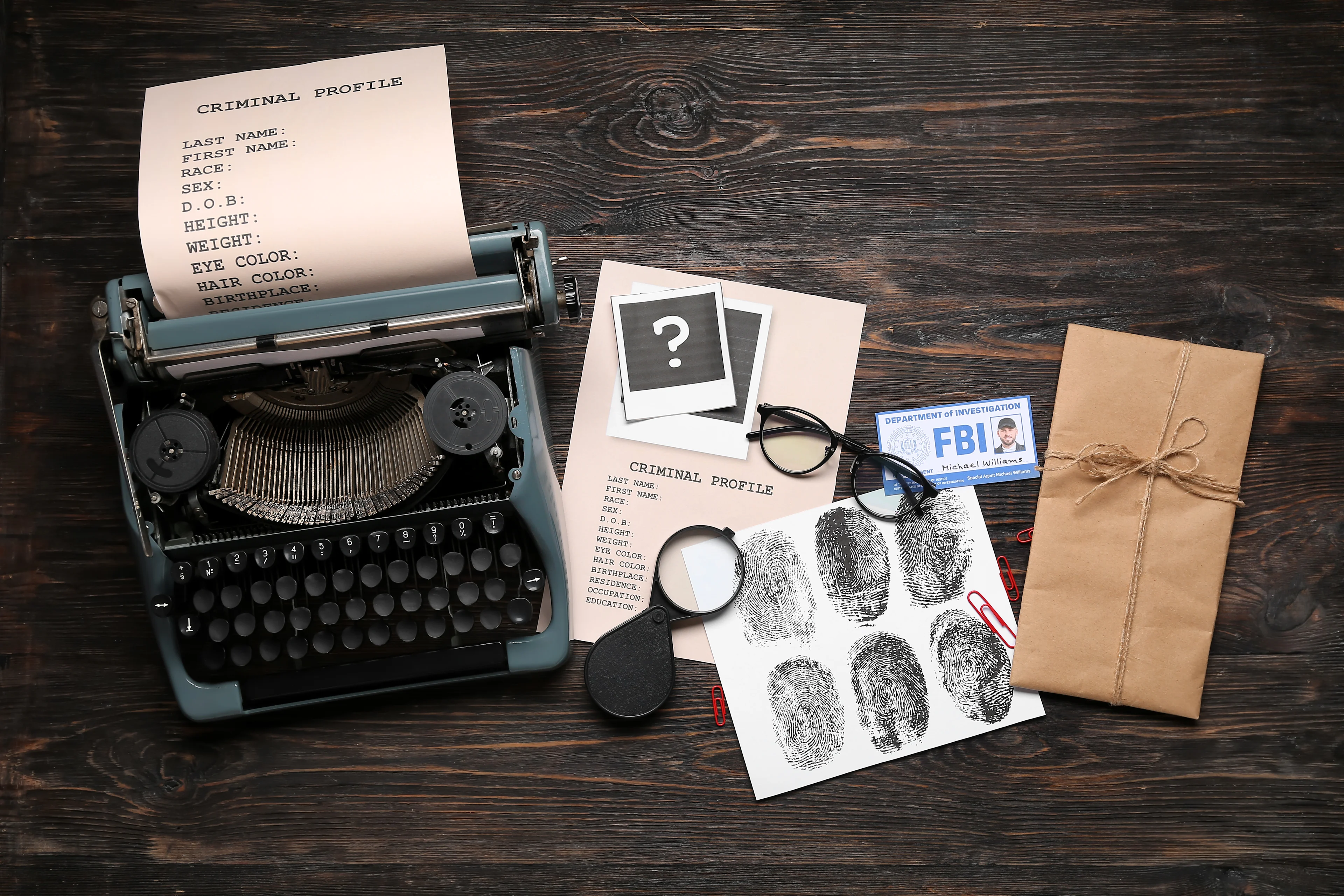 Kirjoituskone ja true crime -tutkintamateriaalia puisella pöydällä