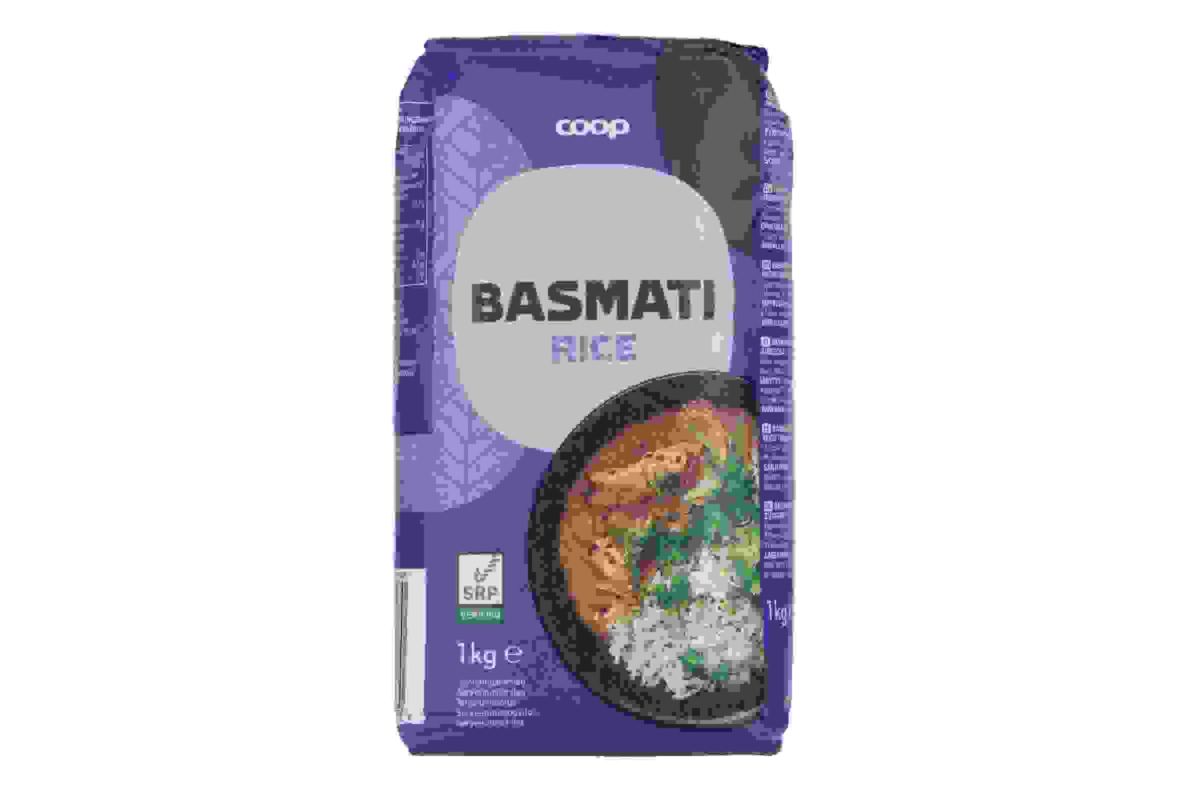 Coop-tuotemrerkin Basmati-riisipakkaus. Pakkauksessa näkyvillä SRP-sertifiointimerkintä.