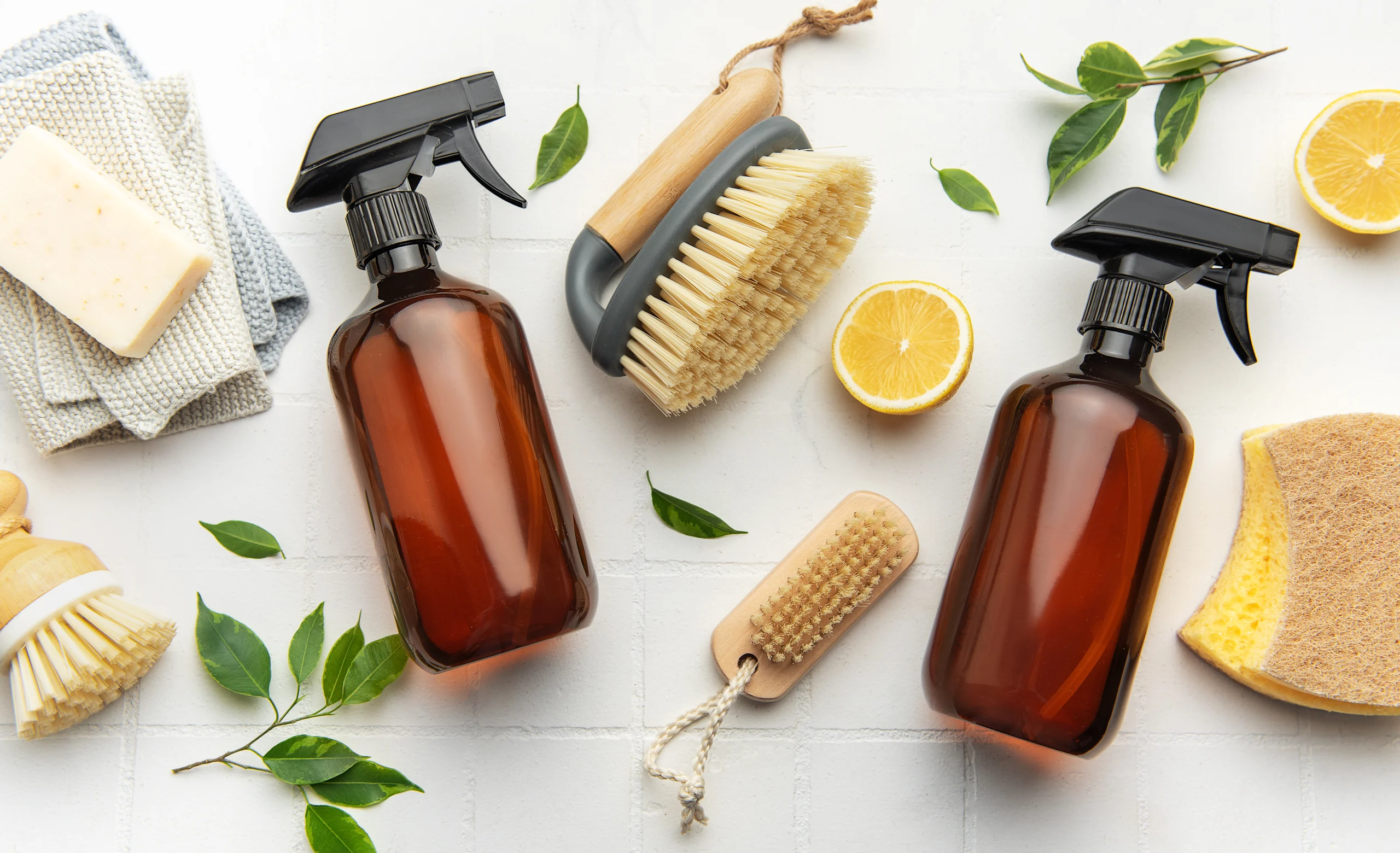 Siivoustarvikkeita valkoisella pöydällä