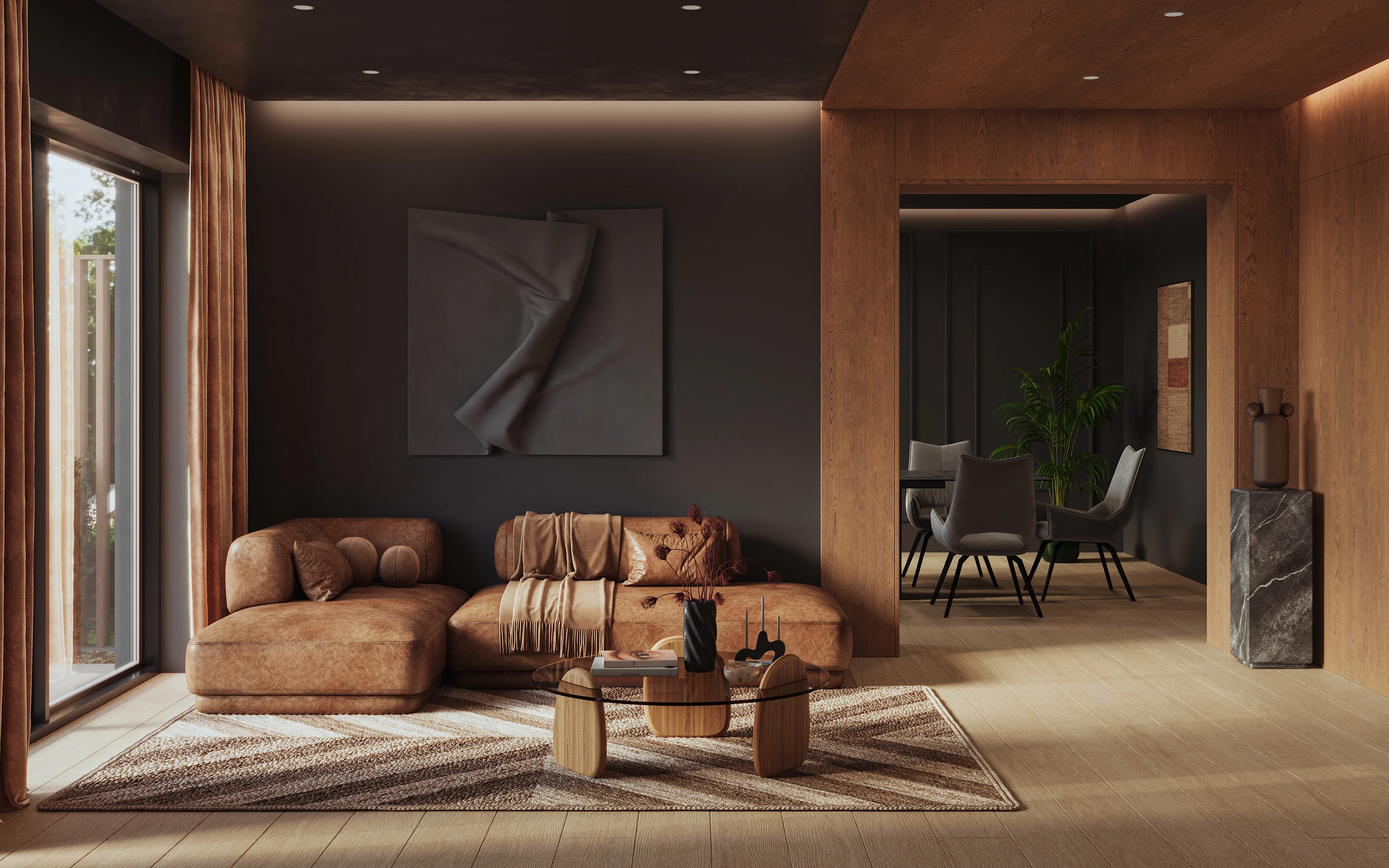 Tummilla ja maanläheisillä sävyillä sisustettu koti