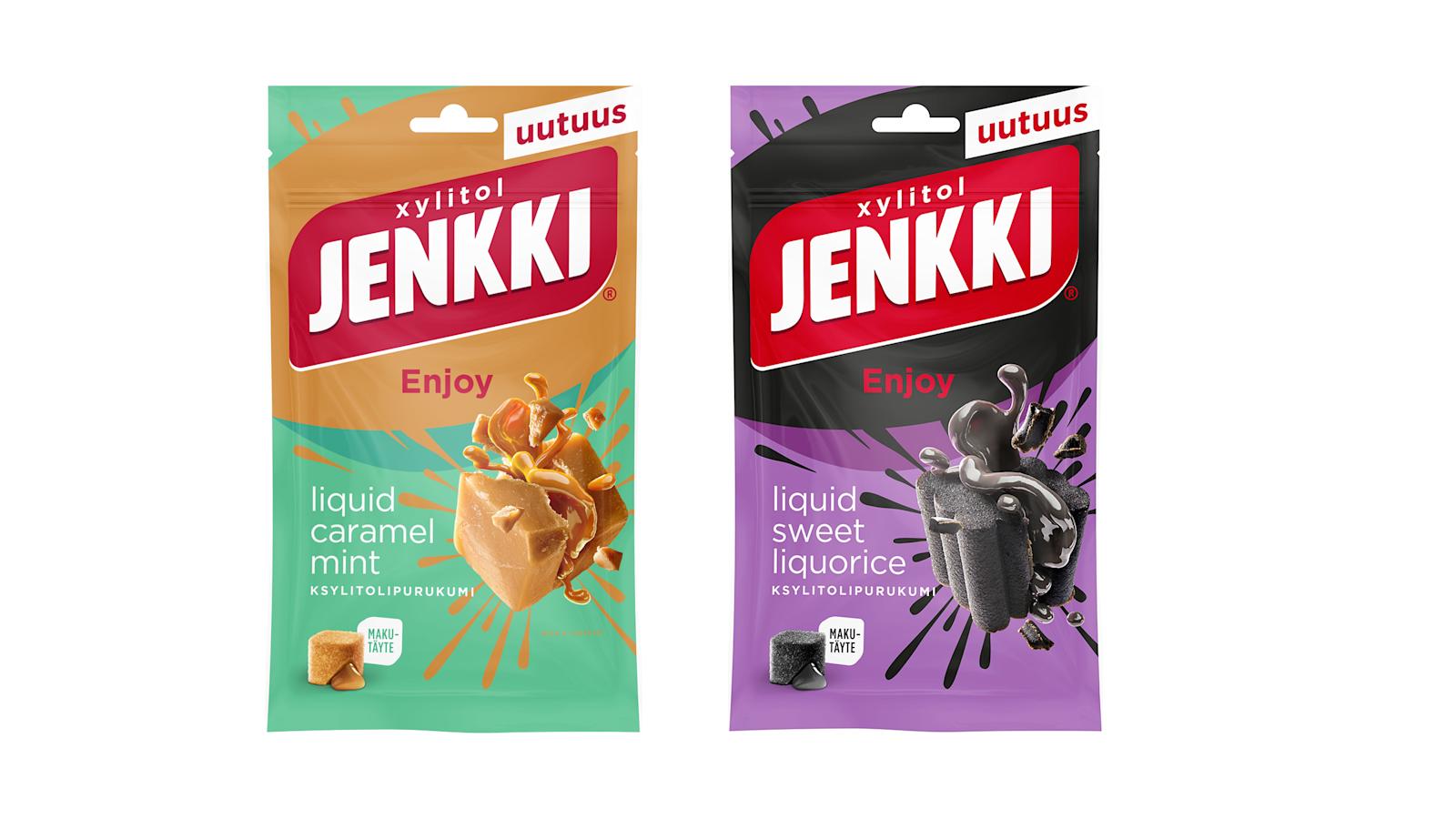 Jenkki Enjoy -ksylitolipurukumit Caramel mint ja Sweet liquorice
