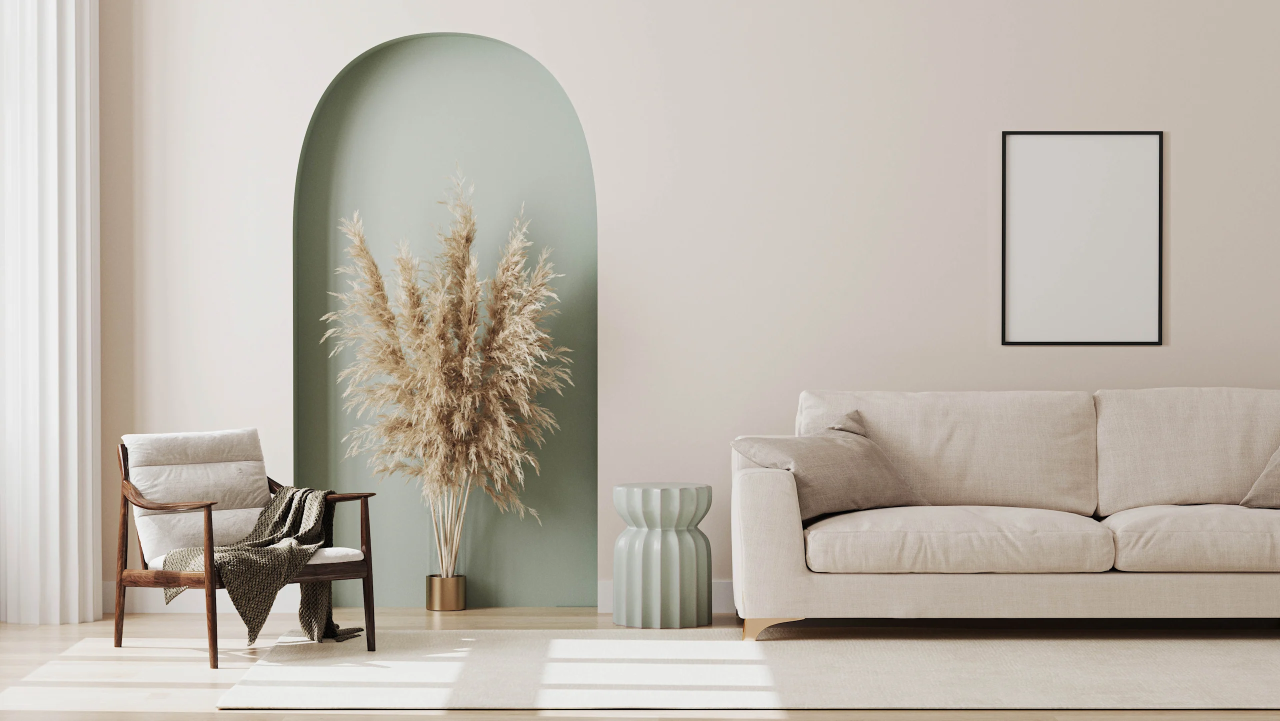 Vaaleilla sävyillä sisustettu olohuone