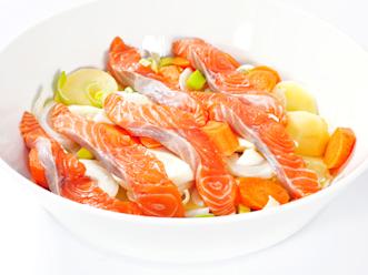 Lado voideltuun vuokaan vuorotellen kasviksia ja lohta.