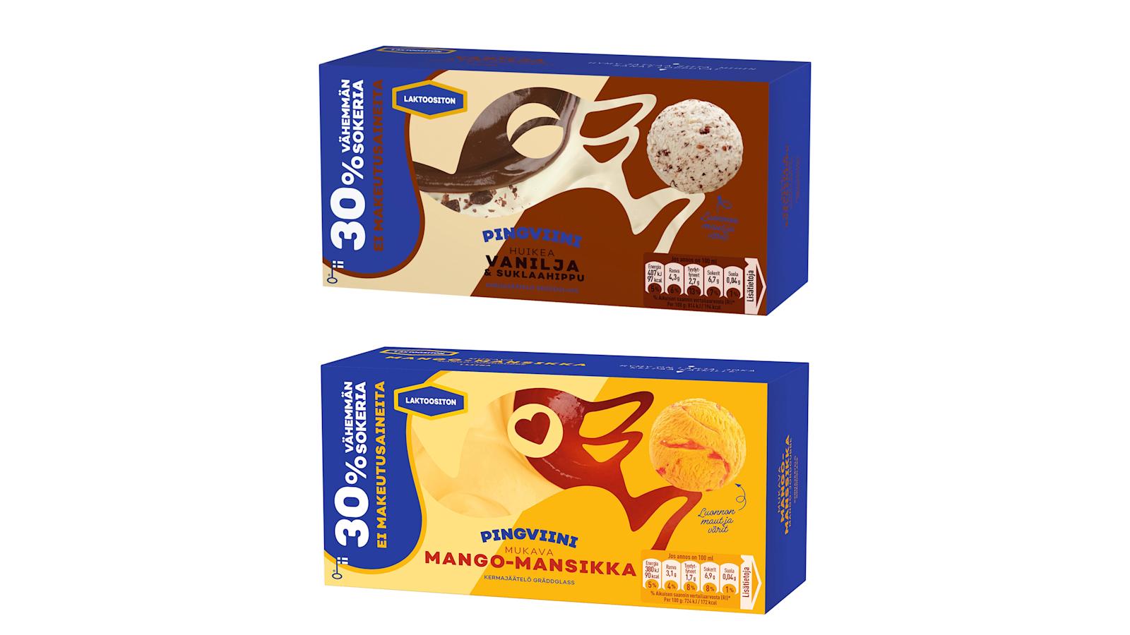 Pingviini Mukava Mango-mansikka ja Huikea Vanilja & suklaahippu -jäätelöt