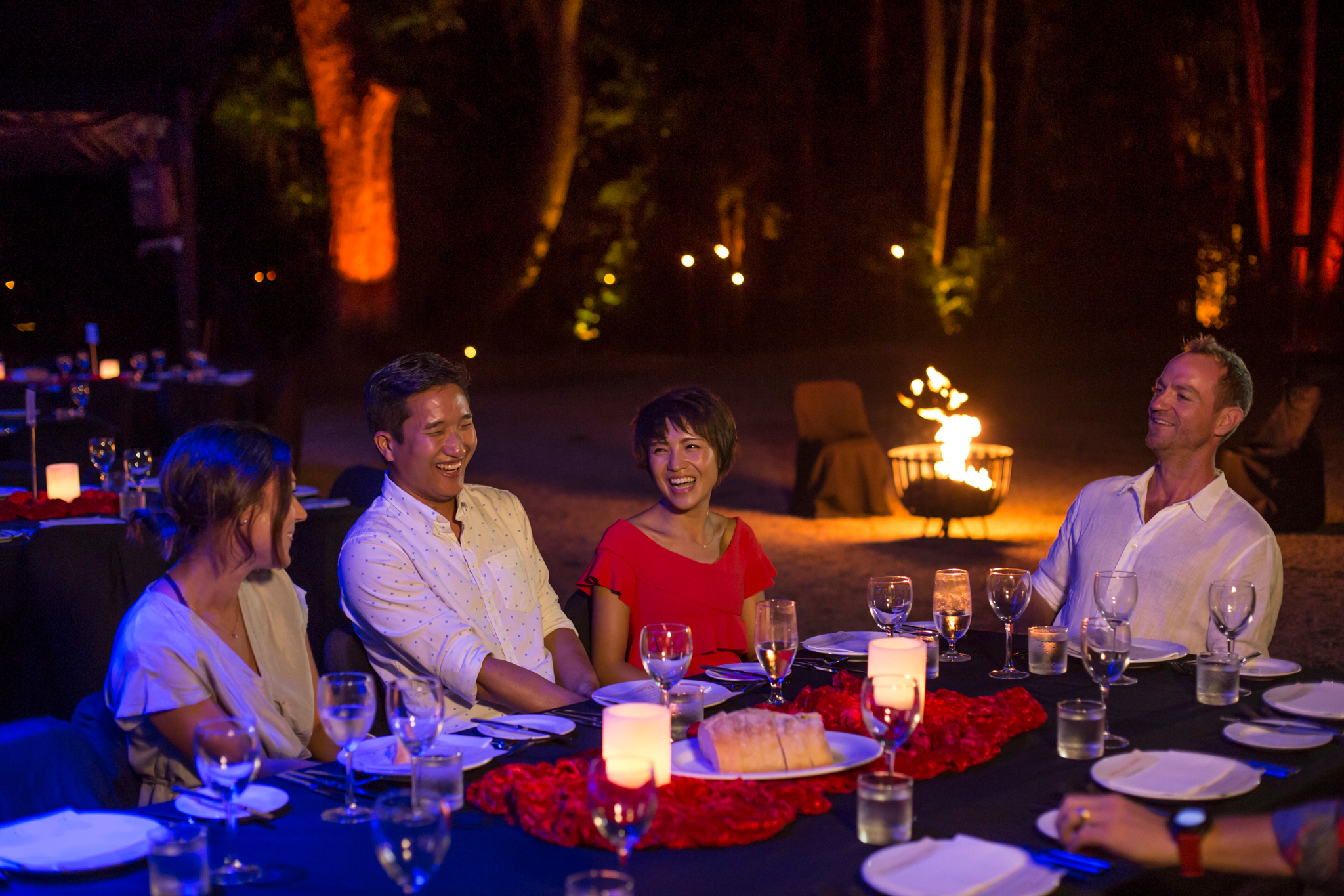 Guests talking at Flames of the Forest dining experience, QLD © Tourism Australia 