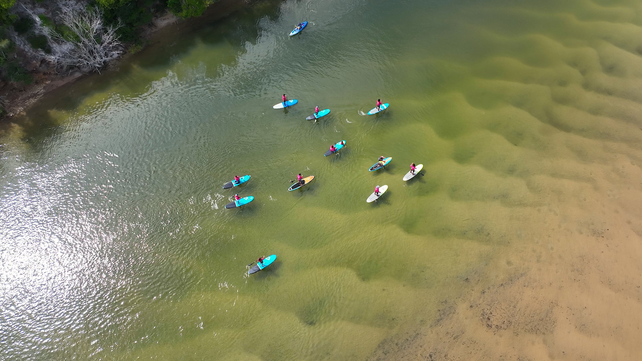 Aerial shot of stand-up paddleboarders on a Wajaana Yaam Gumbaynggirr Adventure Tours experience, NSW © Tourism Australia 