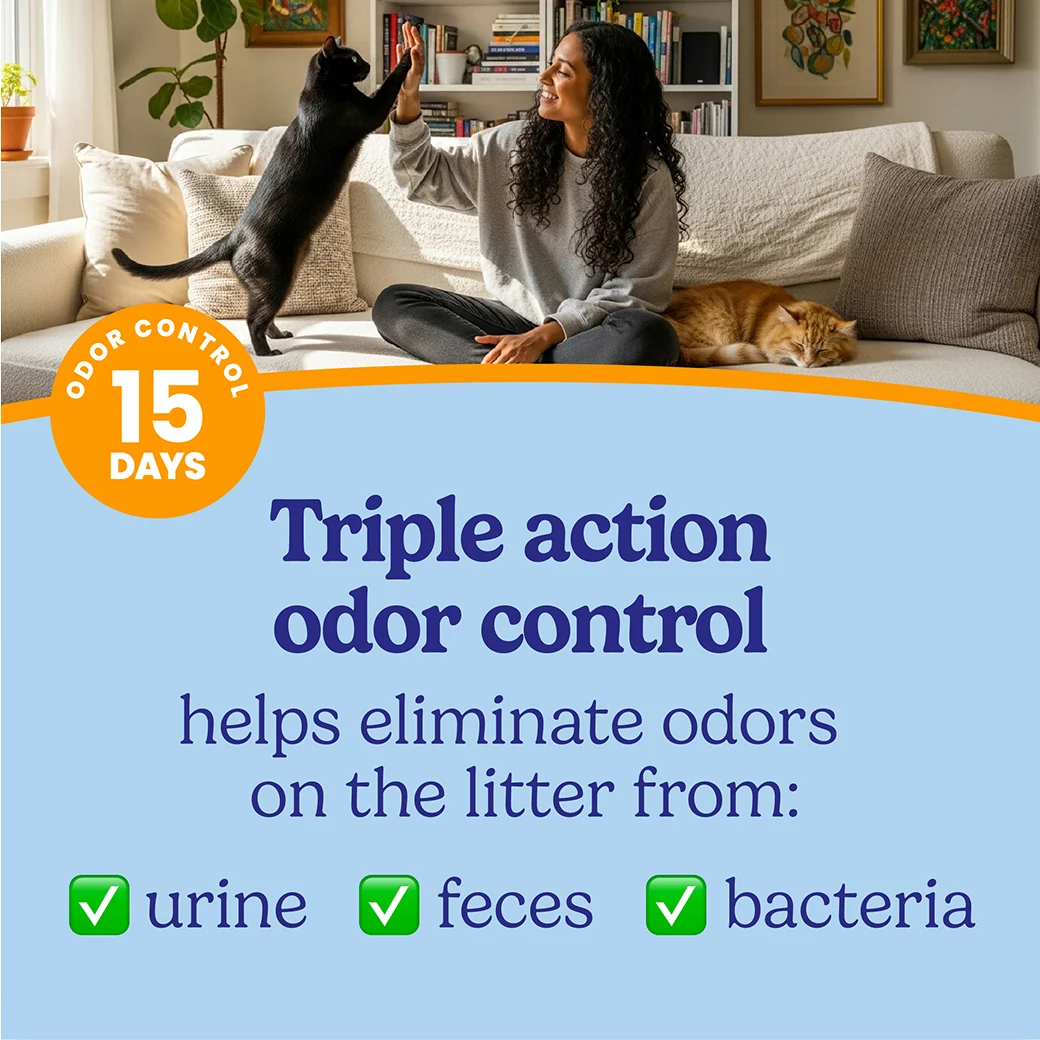 A woman playing with her cat in a a living room. The words "Triple Action Odor Control" regarding how this litter eliminates odors.