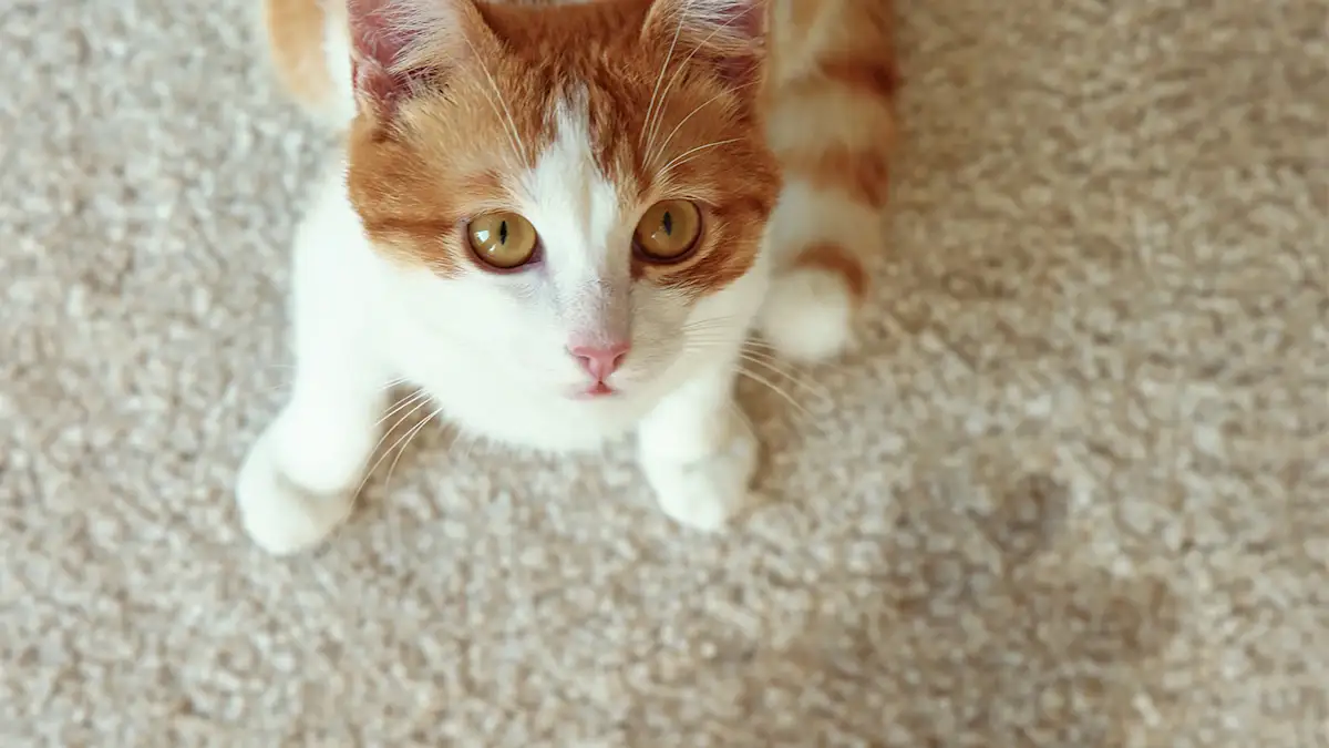 cat sitting next to pee stain on carpet