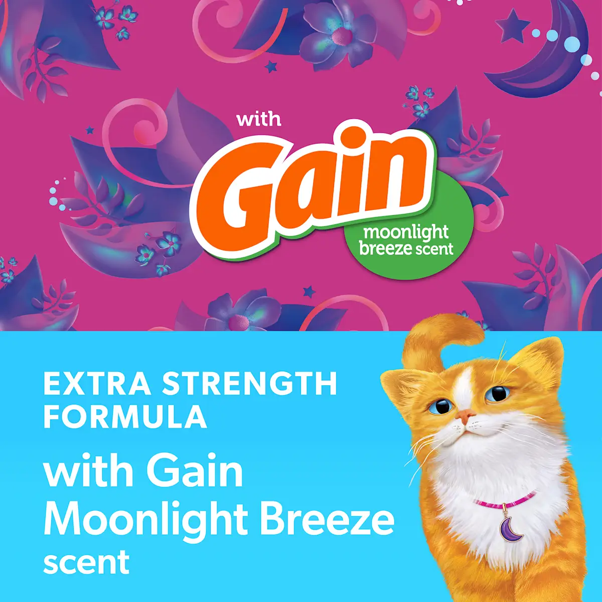 Extra Strength Scent Gain Moonlight Breeze, a purple and magenta background and an orange cat
