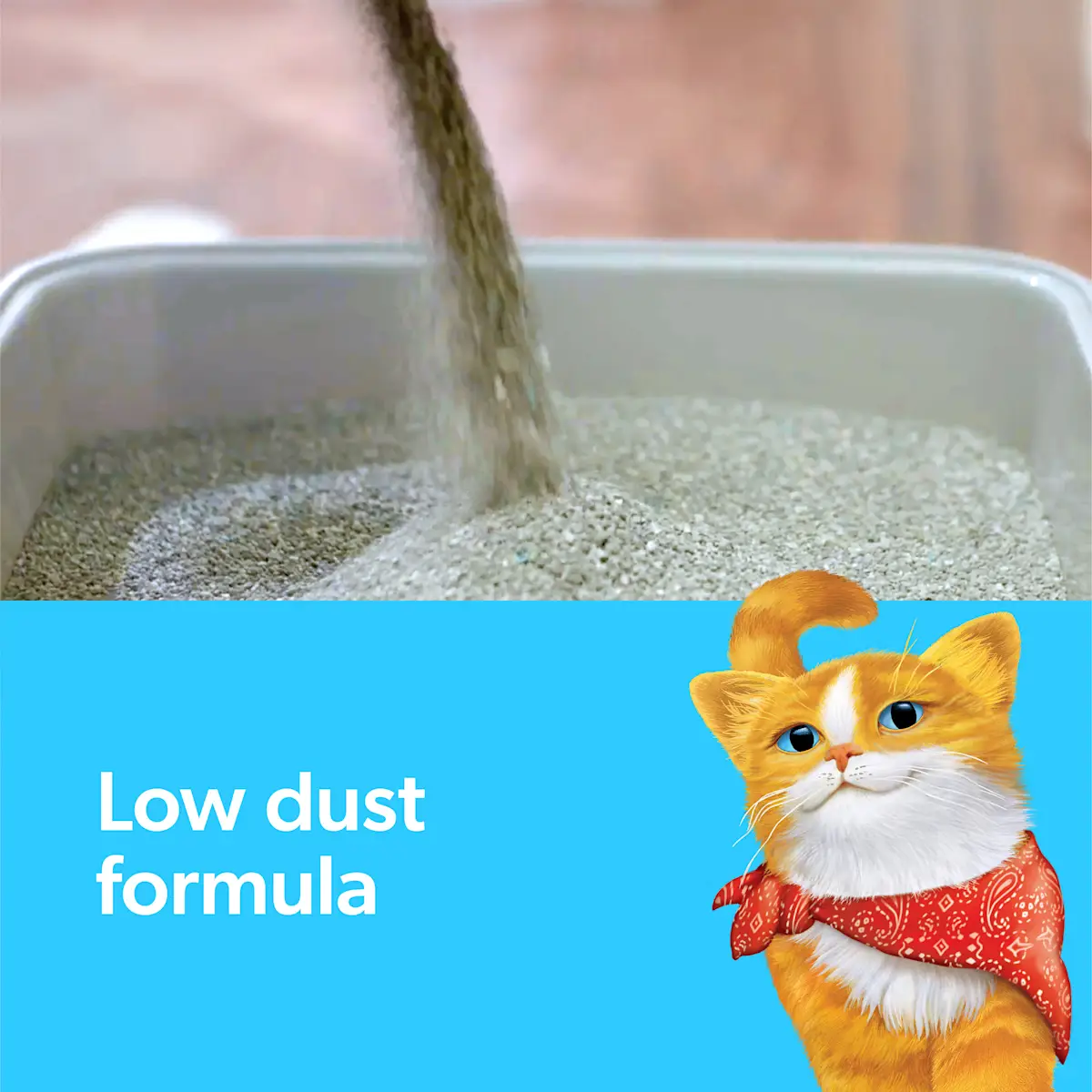 Low dust formula, litter pouring into a litter box and an orange cat with a bandana on