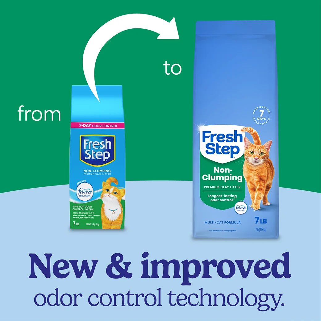 A bag of Fresh Step non-clumping cat litter and a new bag of the same litter showing how the litter packaging has changed