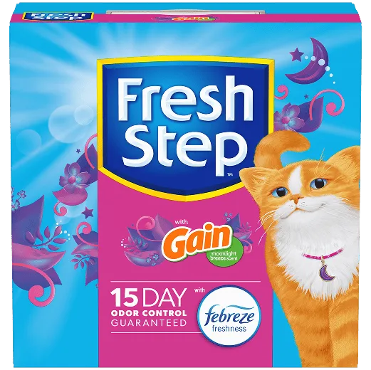 A box of Fresh Step cat litter with Gain Moonlight Breeze scent