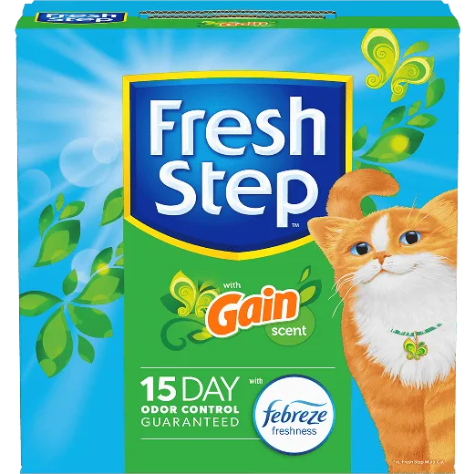 A box of Fresh Step cat litter with Gain scent