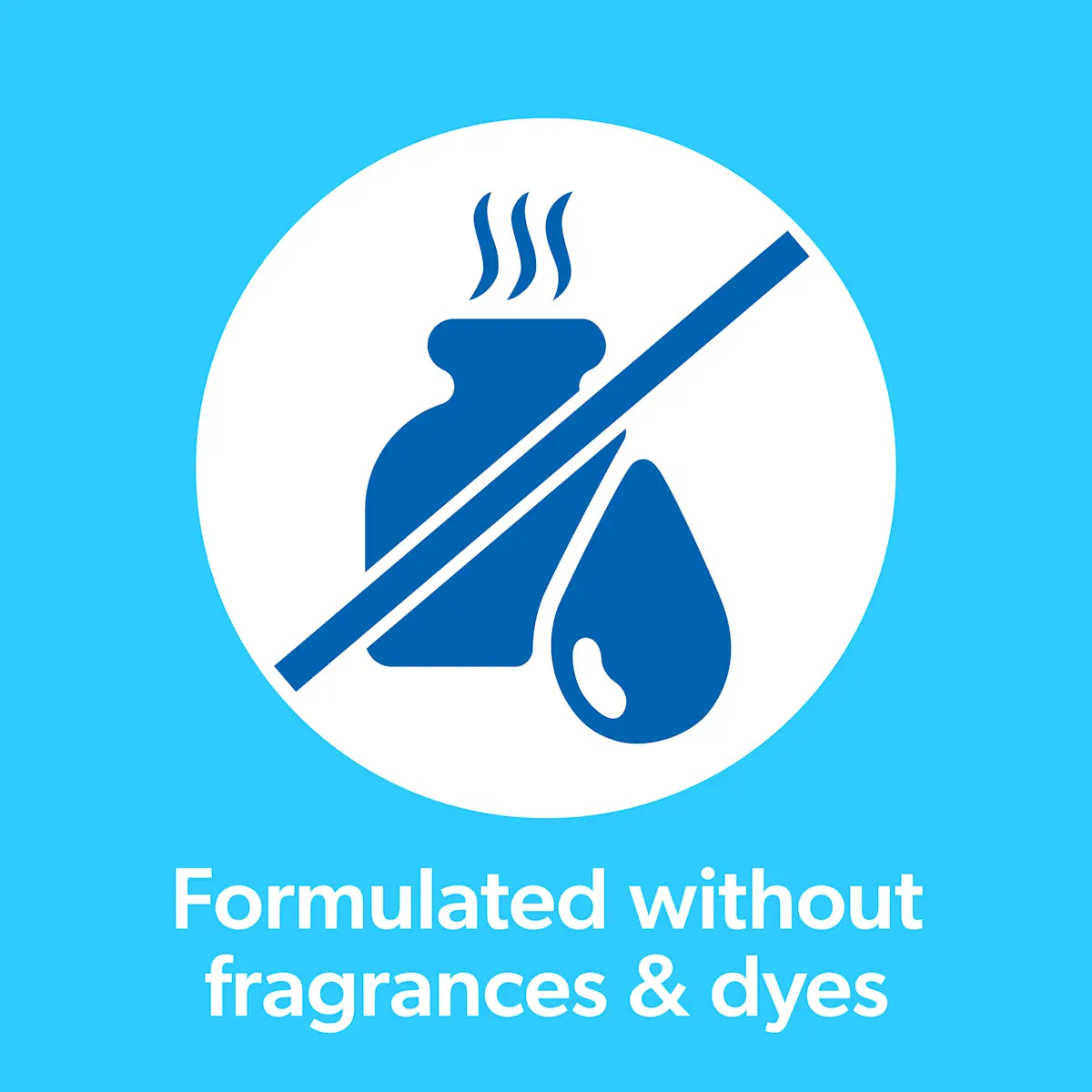Formulated without fragrances & dyes, an illustration of a bottle with odor line and a water drop