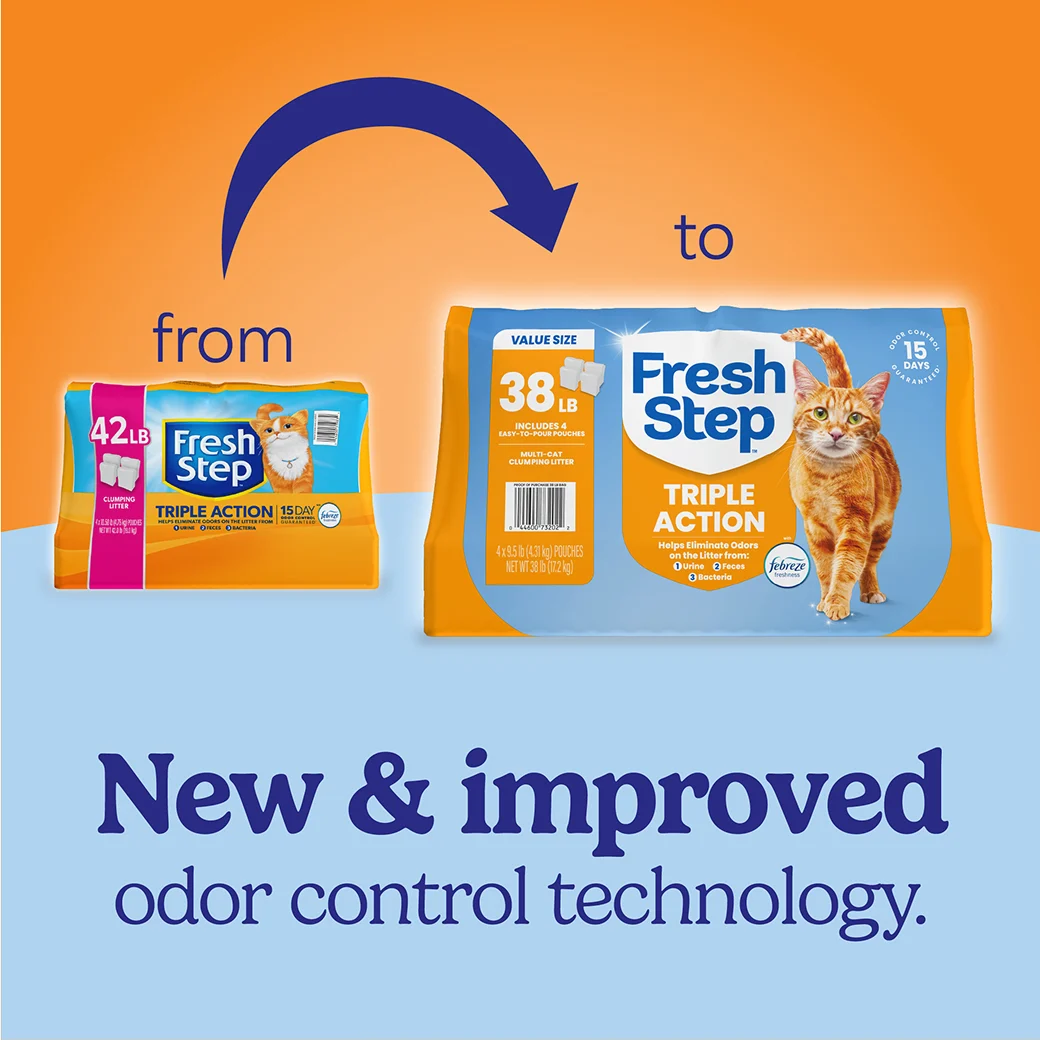A package of Fresh Step Triple Action cat litter and a new package of the same litter showing how the litter packaging has changed
