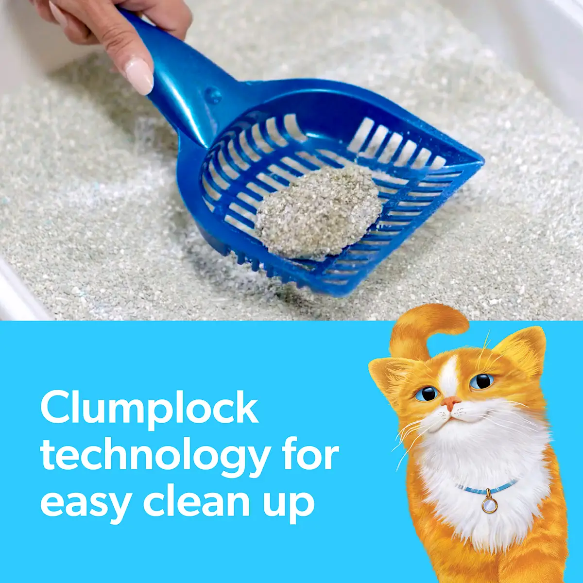 Clumplock techonology for easy clean up, a litter scooper and an orange cat