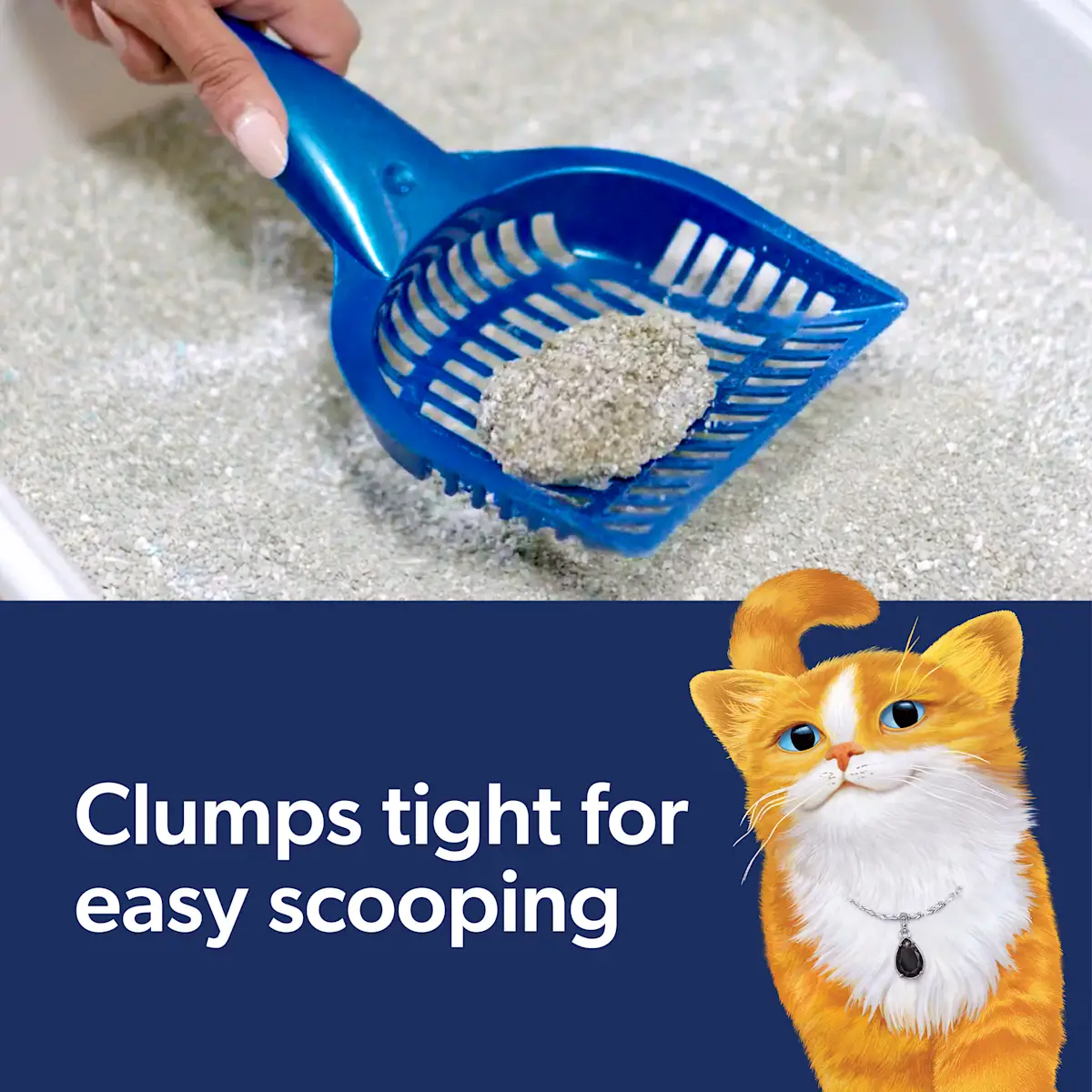 Clumps tight for easy scooping, a litter scooper and an orange cat
