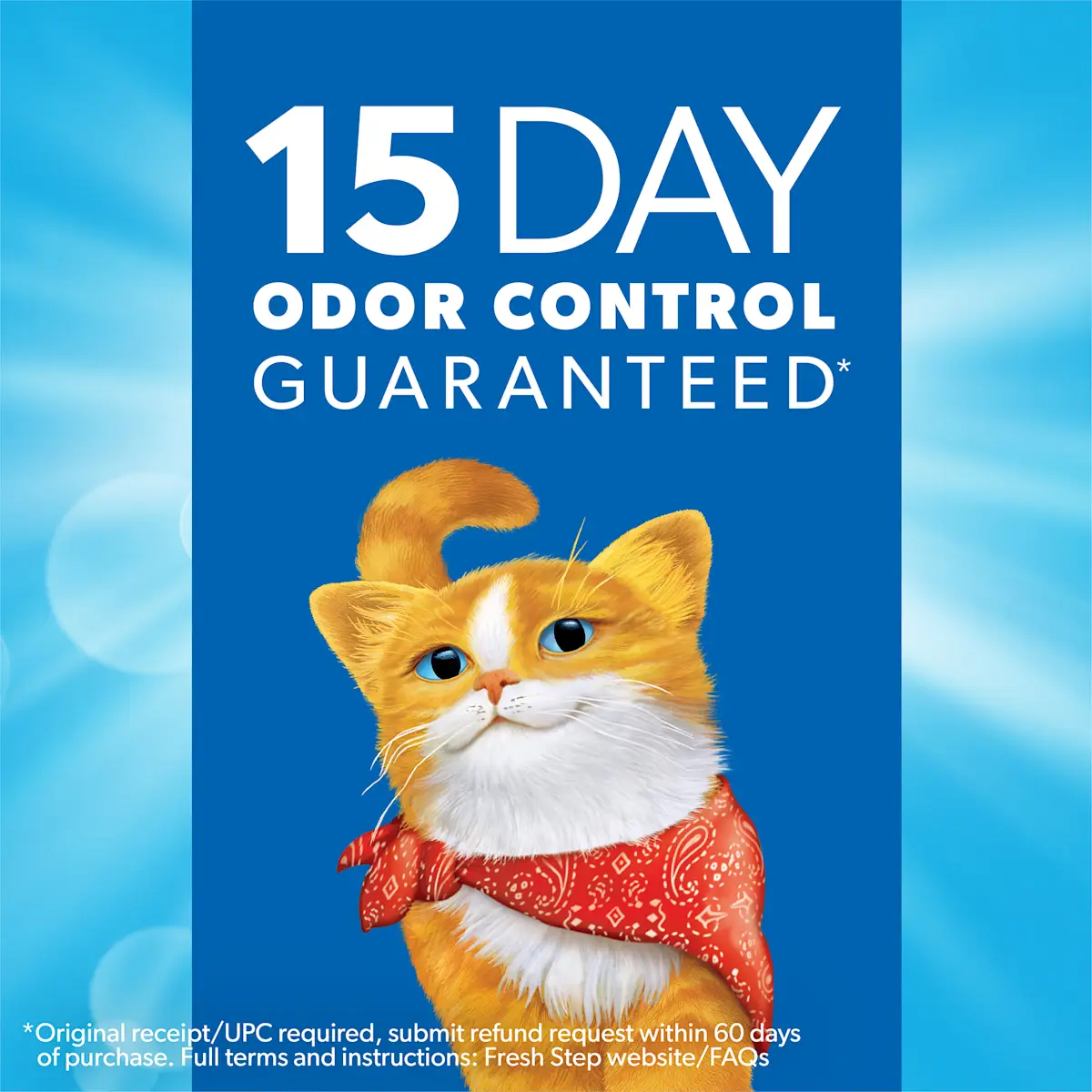 15 day odor control guaranteed, an orange cat with a bandana on
