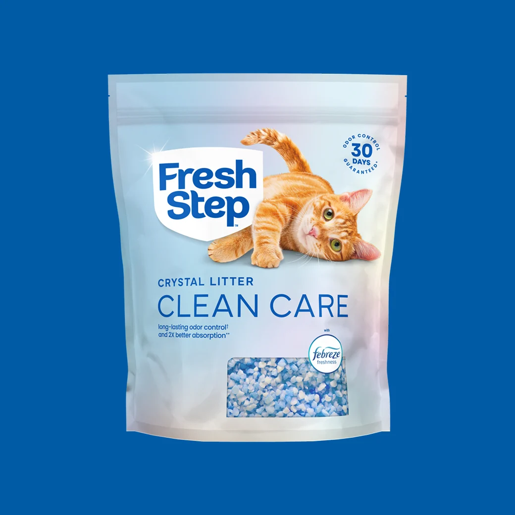 A pouch of Clean Care crystals on a blue background