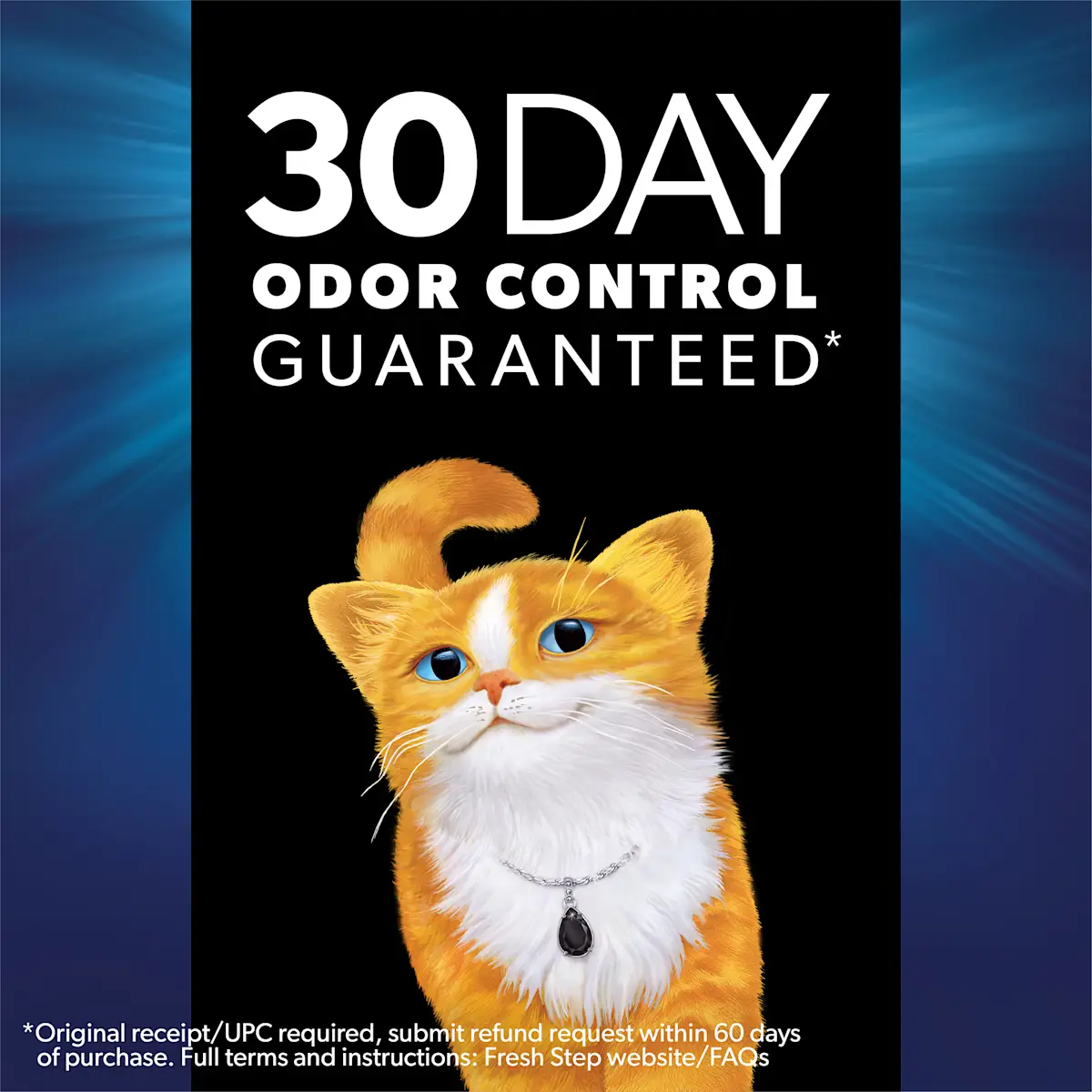 30 day odor control guaranteed, an orange cat with a bandana on