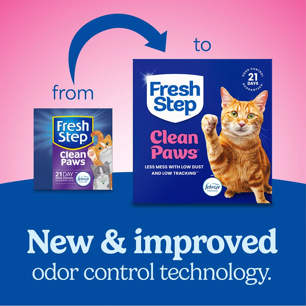 A box of Fresh Step Clean Paws cat litter and a new box of the same litter showing how the litter packaging has changed