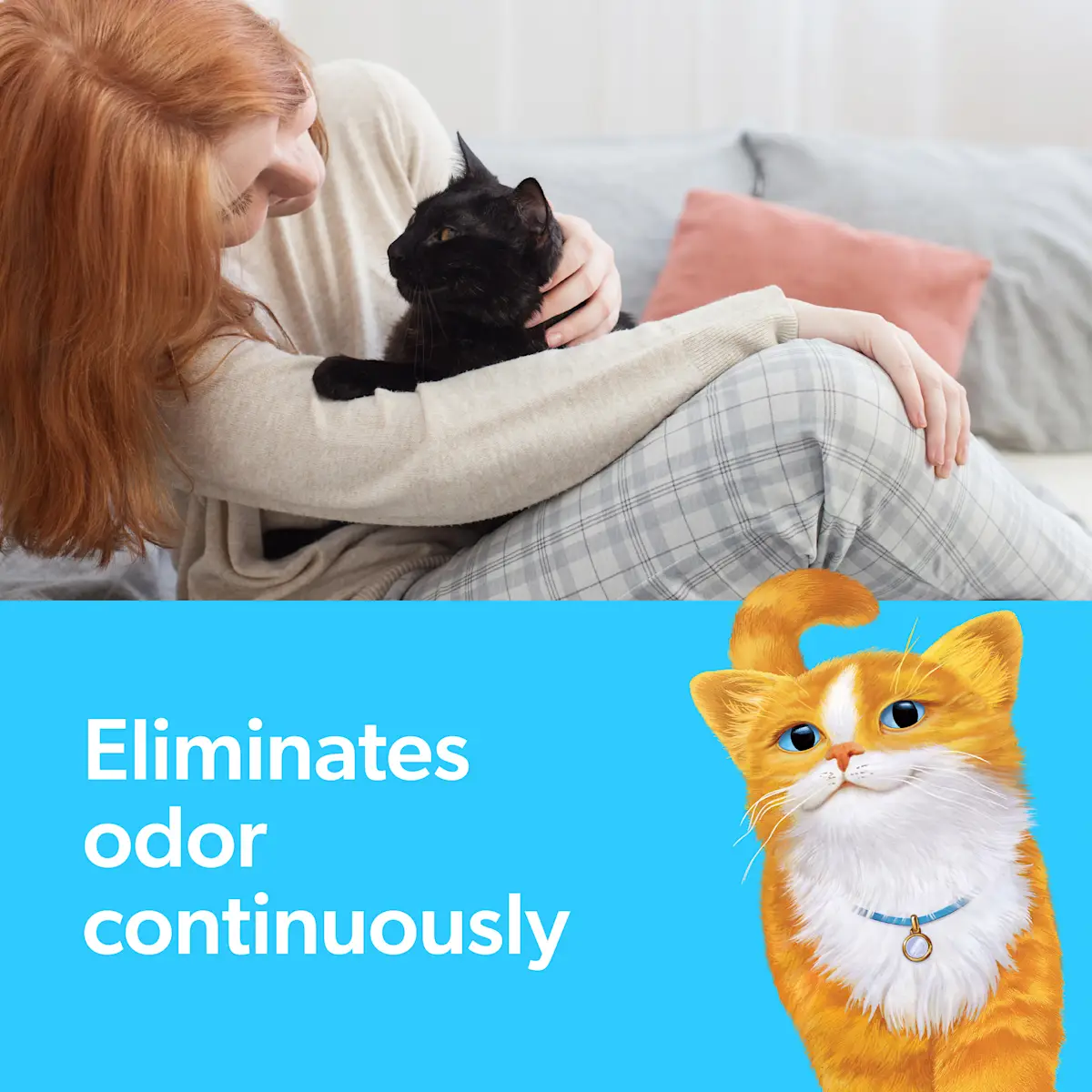 Eliminates odor continuously, a woman holding a black cat, an illustrated orange cat in the foreground