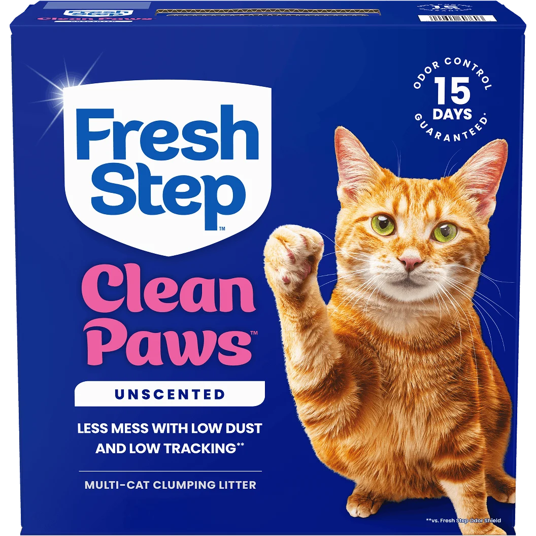 A box of Fresh Step Clean Paws cat litter unscented
