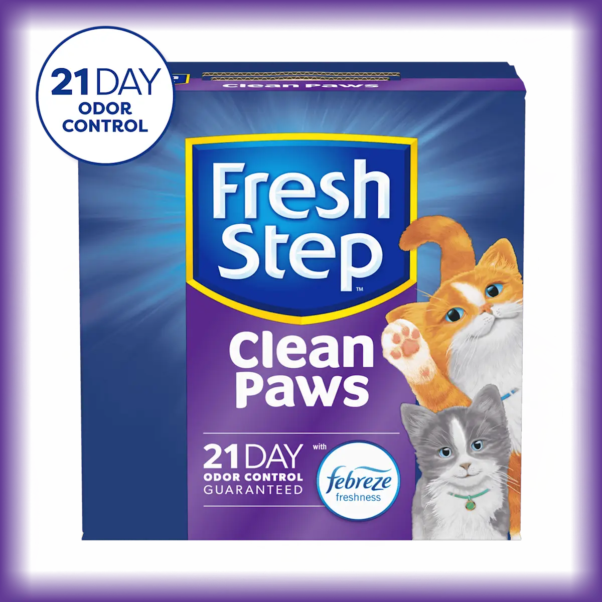 A box of Fresh Step Clean Paws cat litter for multiple cats, 21 day odor control badge in corner