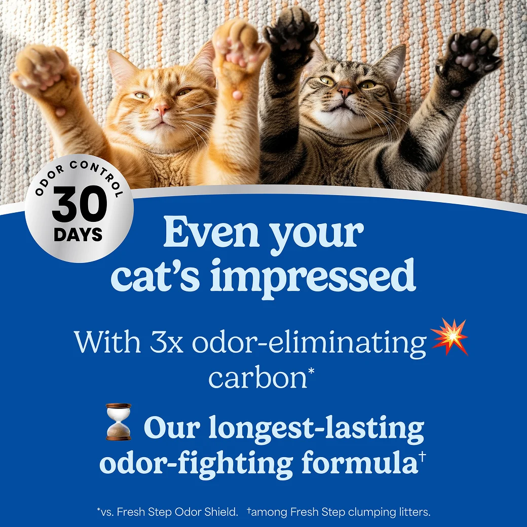 2 cats with their arms raised, the words "Even your cat's impressed" to describe the 30 days guarantee and 3x odor-eliminating carbon