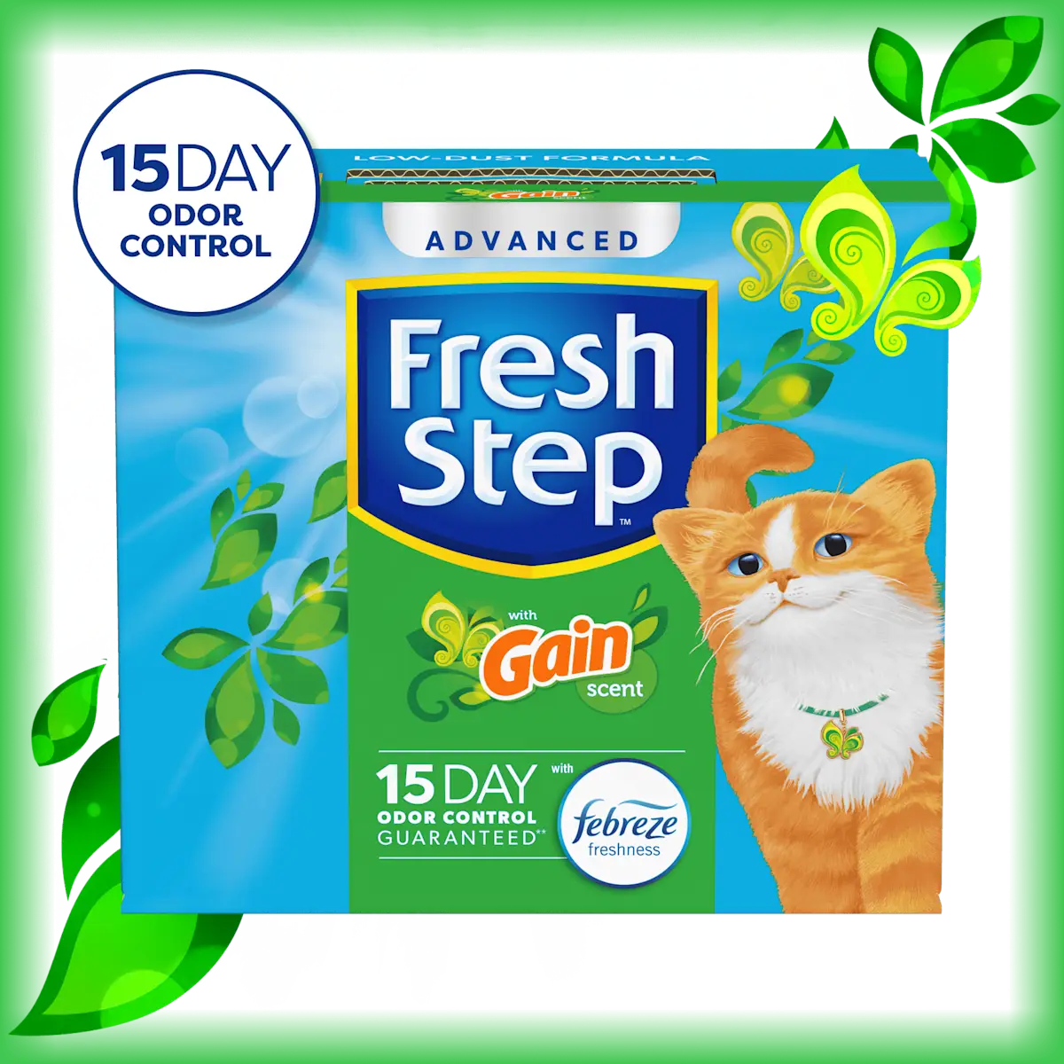 A box of Fresh Step cat litter with Gain scent