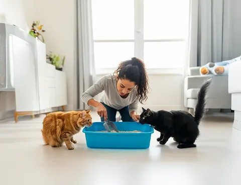 A woman removing clumps of litter from a litter box while two cats look on