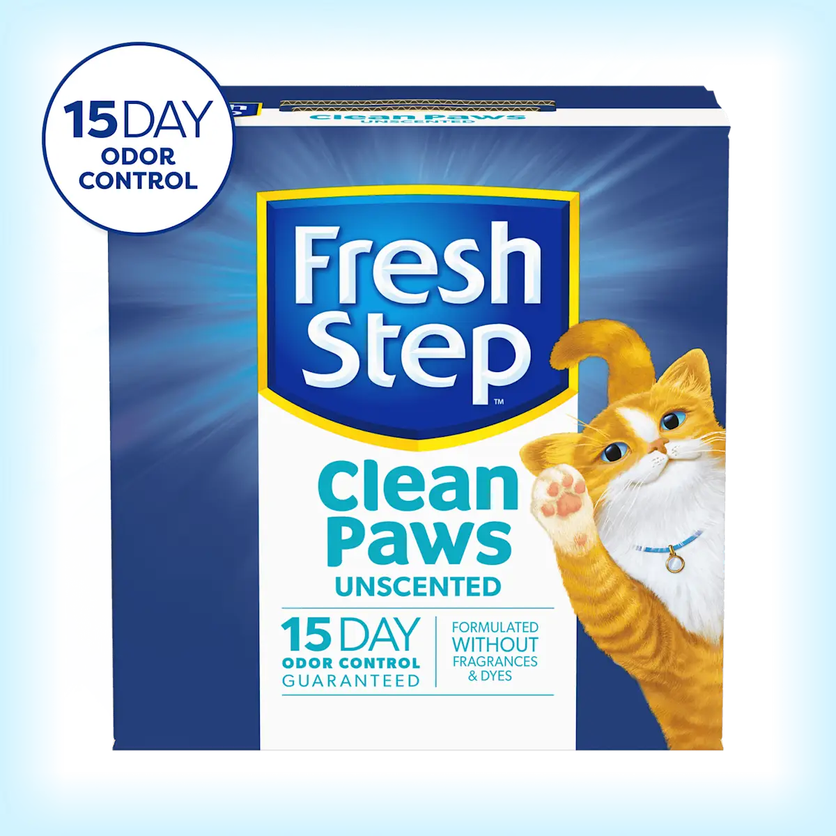 A box of Fresh Step Clean Paws cat litter unscented
