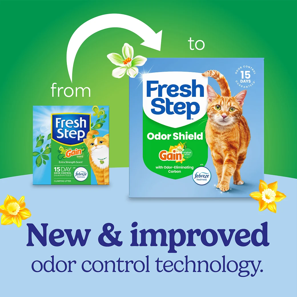 A box of Fresh Step with Gain scent cat litter and a new box of the same litter showing how the litter packaging has changed