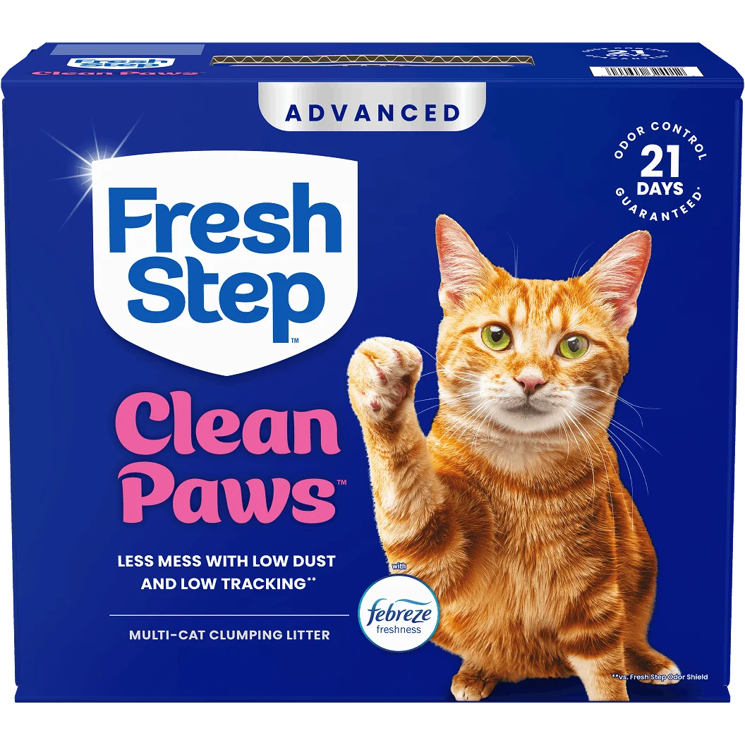 A box of Fresh Step Clean Paws cat litter for multiple cats