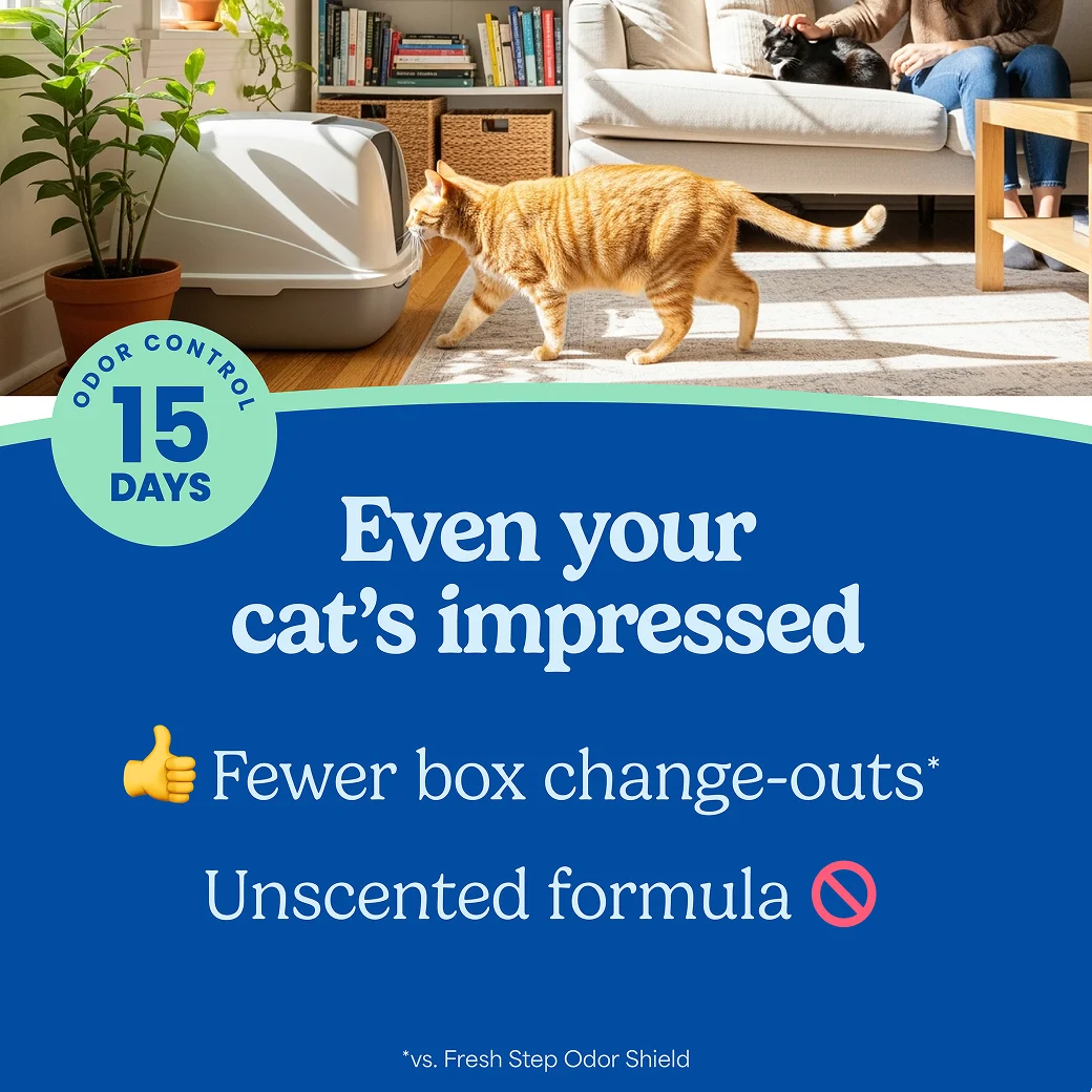 A cat walking through a living room, the words "Even your cat's impressed" referencing the 21 day odor control and unscented formula