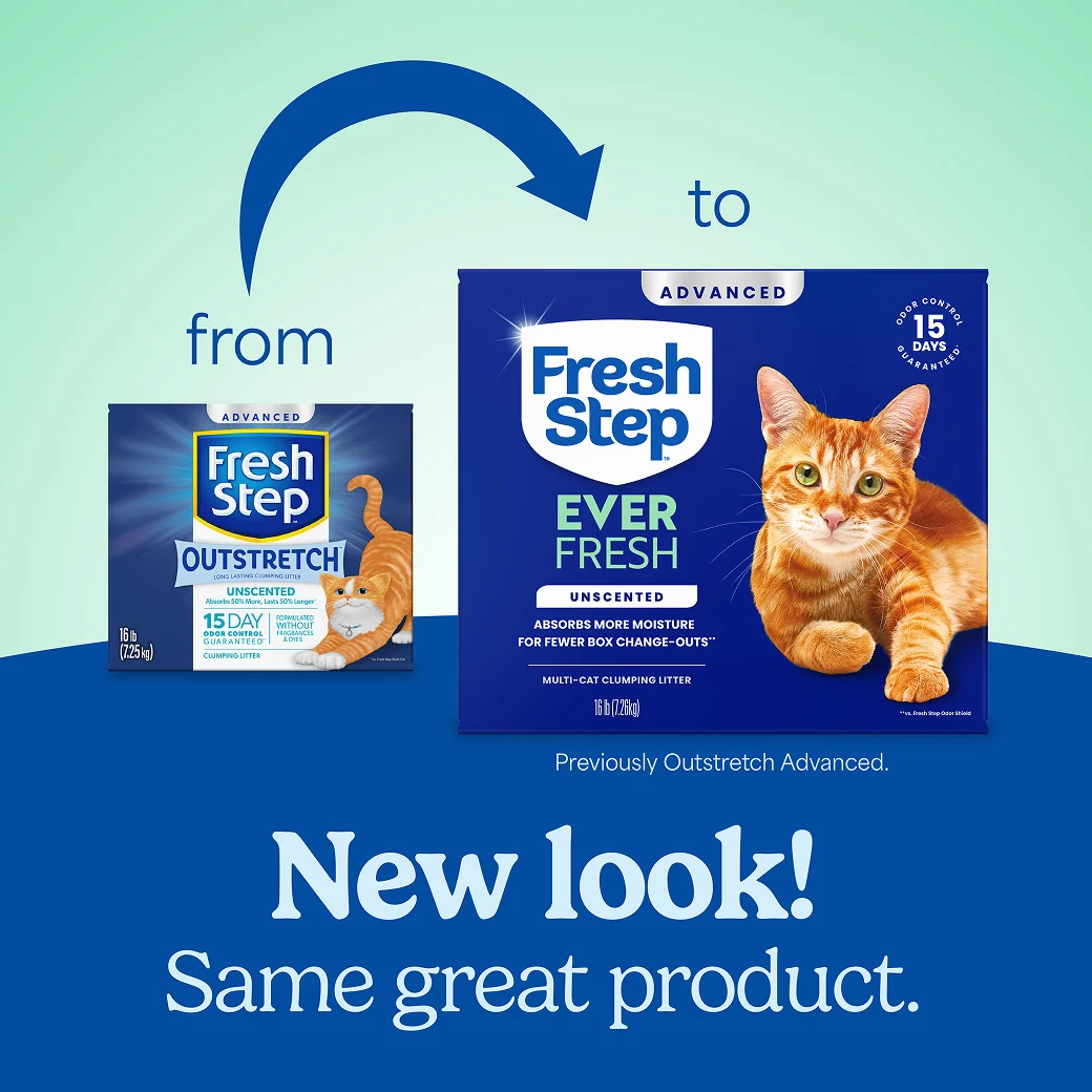 A box of Fresh Step Ever Fresh Advanced Unscented cat litter and a new box of the same litter showing how the litter packaging has changed