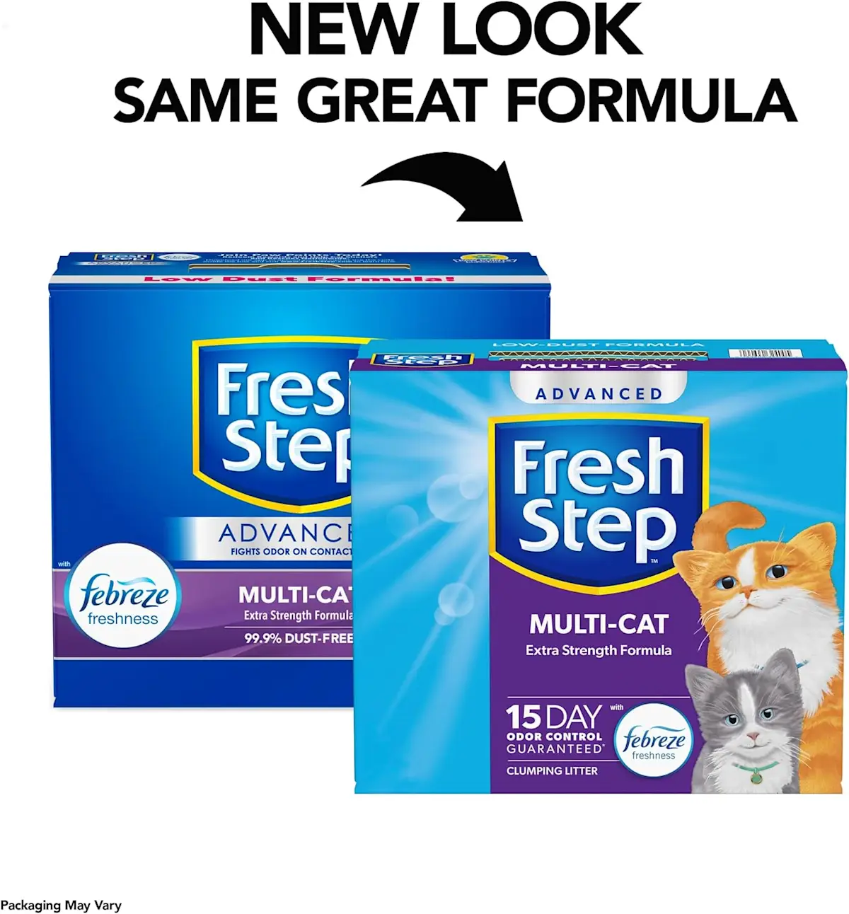 New look, same great formula: comparison showing the transition from old packaging to new