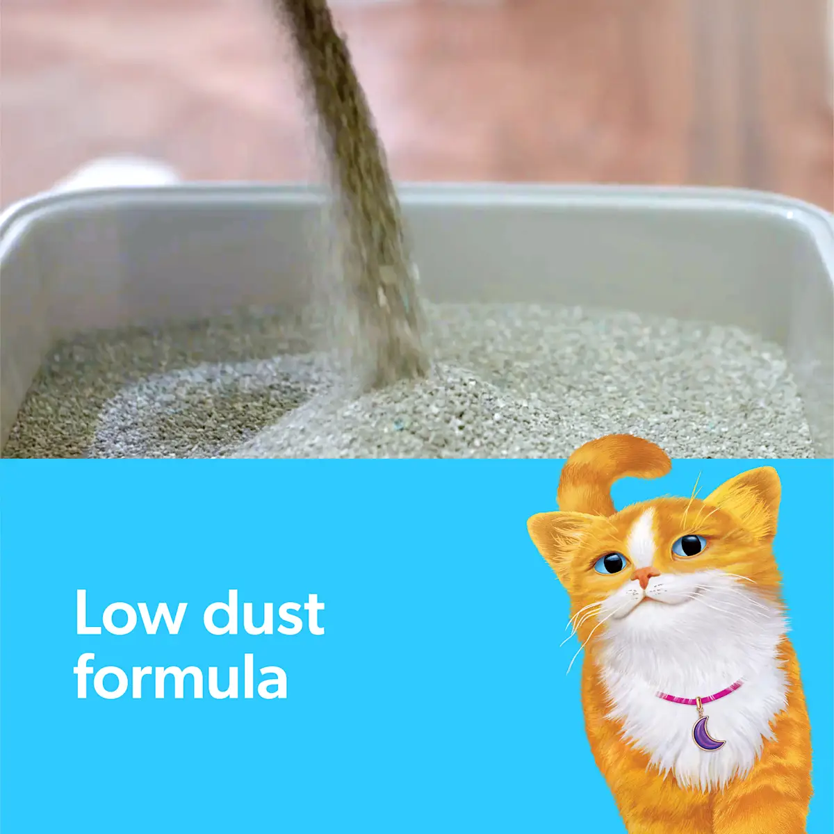 Low dust formula, litter pouring into a litter box and an orange cat