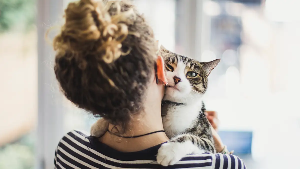 woman in striped shirt snuggling cat